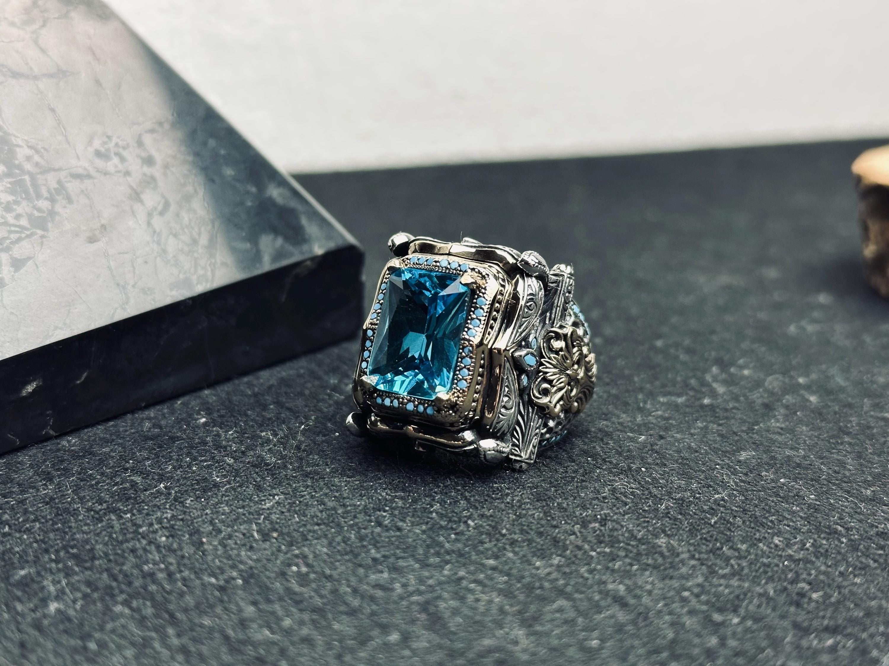 Men's Statement Ring: Large Aquamarine Square Gem - Sterling Silver