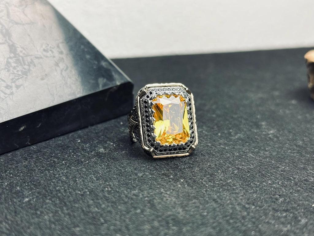 Square Citrine Men’s Ring - Handmade Sterling Silver Bold Gem