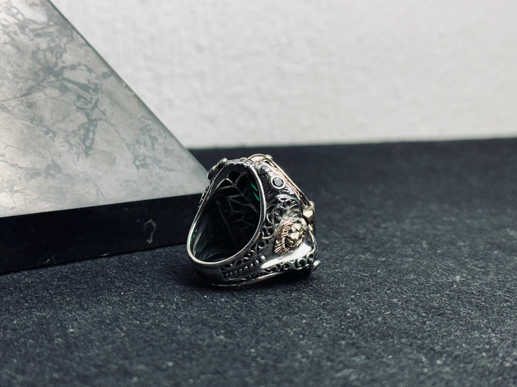 Green Tourmaline Men's Silver Ring - Large Lion Head Design