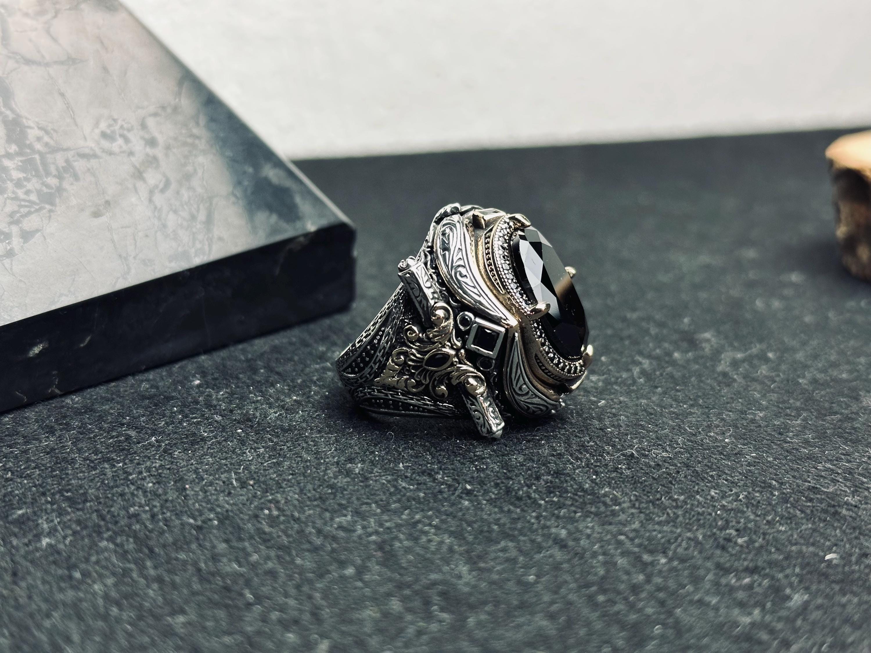 Statement Men’s Ring: Black Zircon Silver (Handmade, Large)