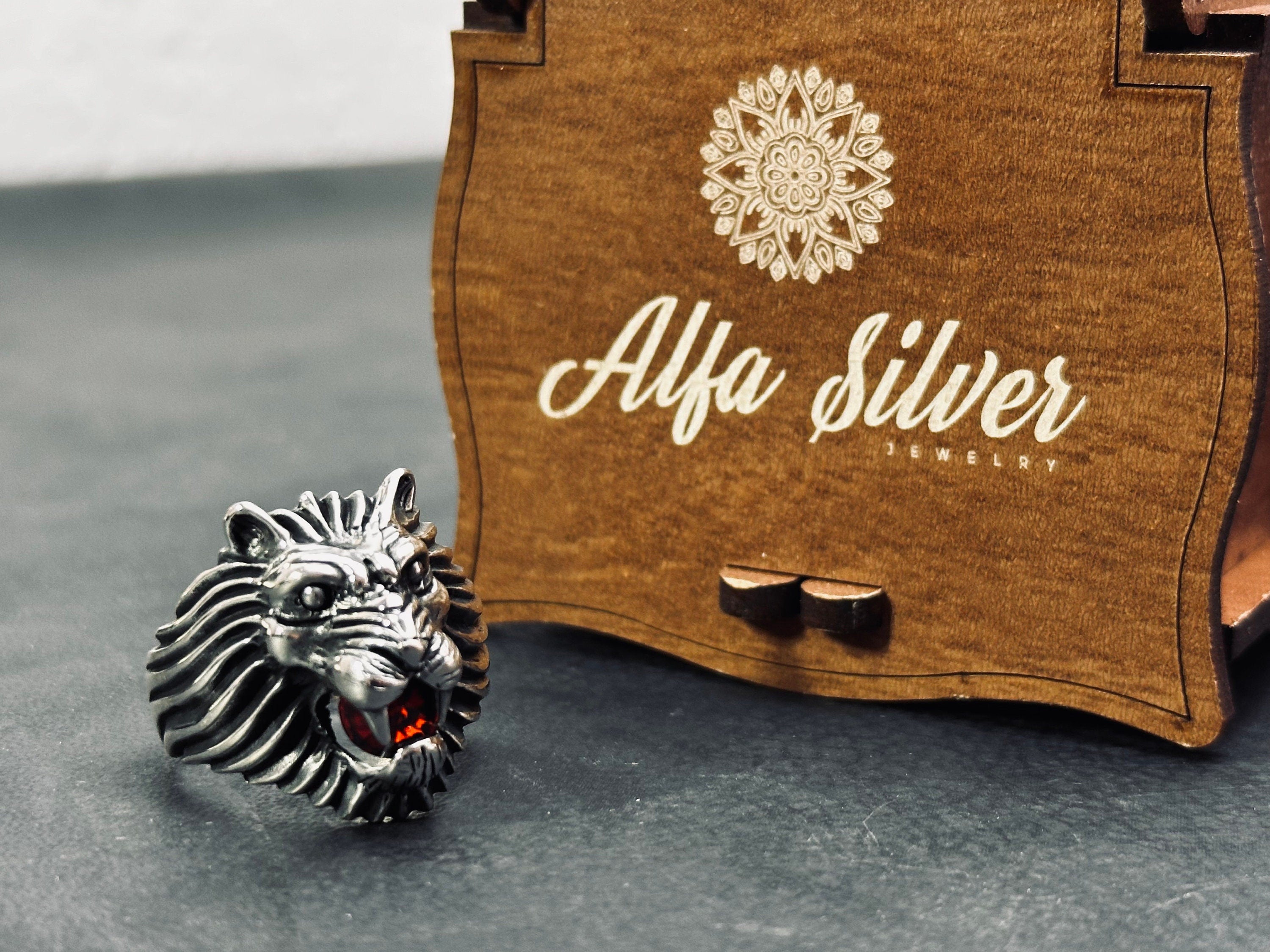 Men's Sterling Silver Lion Ring, Engraved CZ Gemstone (Handmade)
