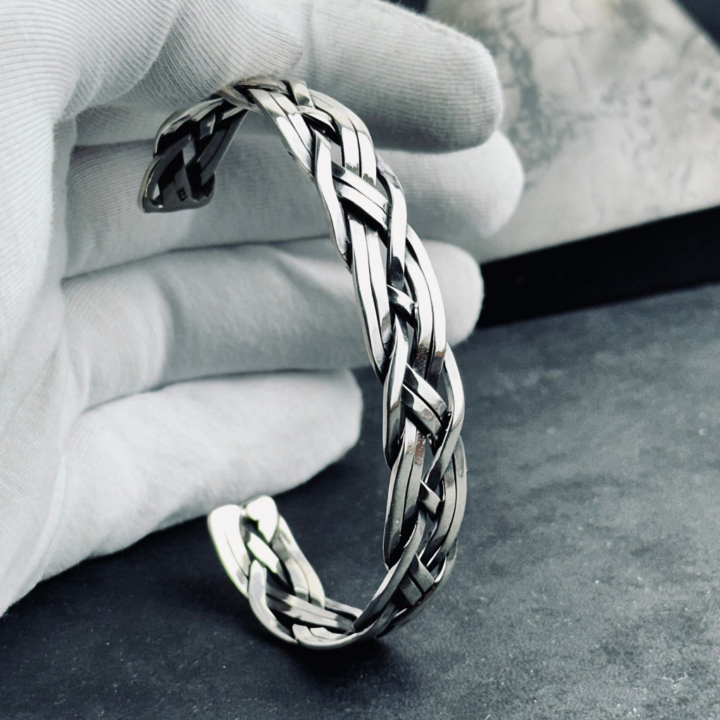 Knitted Silver Cuff Bracelet: Handmade Adjustable Braid (Sterling 925)