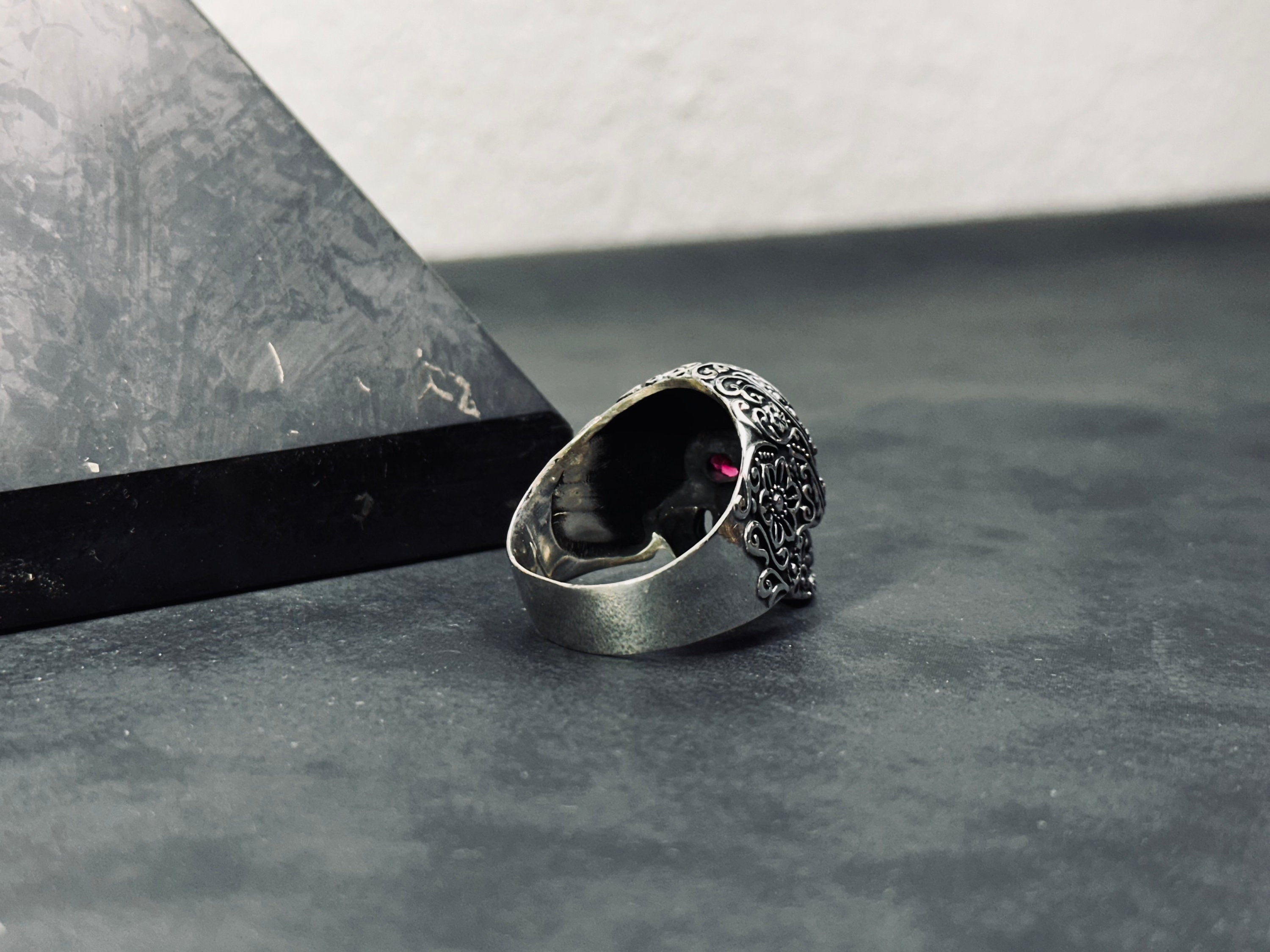 Engraved Skull Sterling Silver Ring - Biker Style with Cubic Zircon