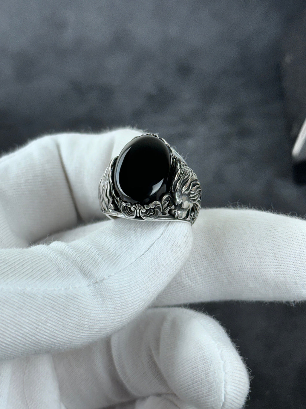 Silver Onyx Lion Ring - Handmade Sterling Statement Jewelry
