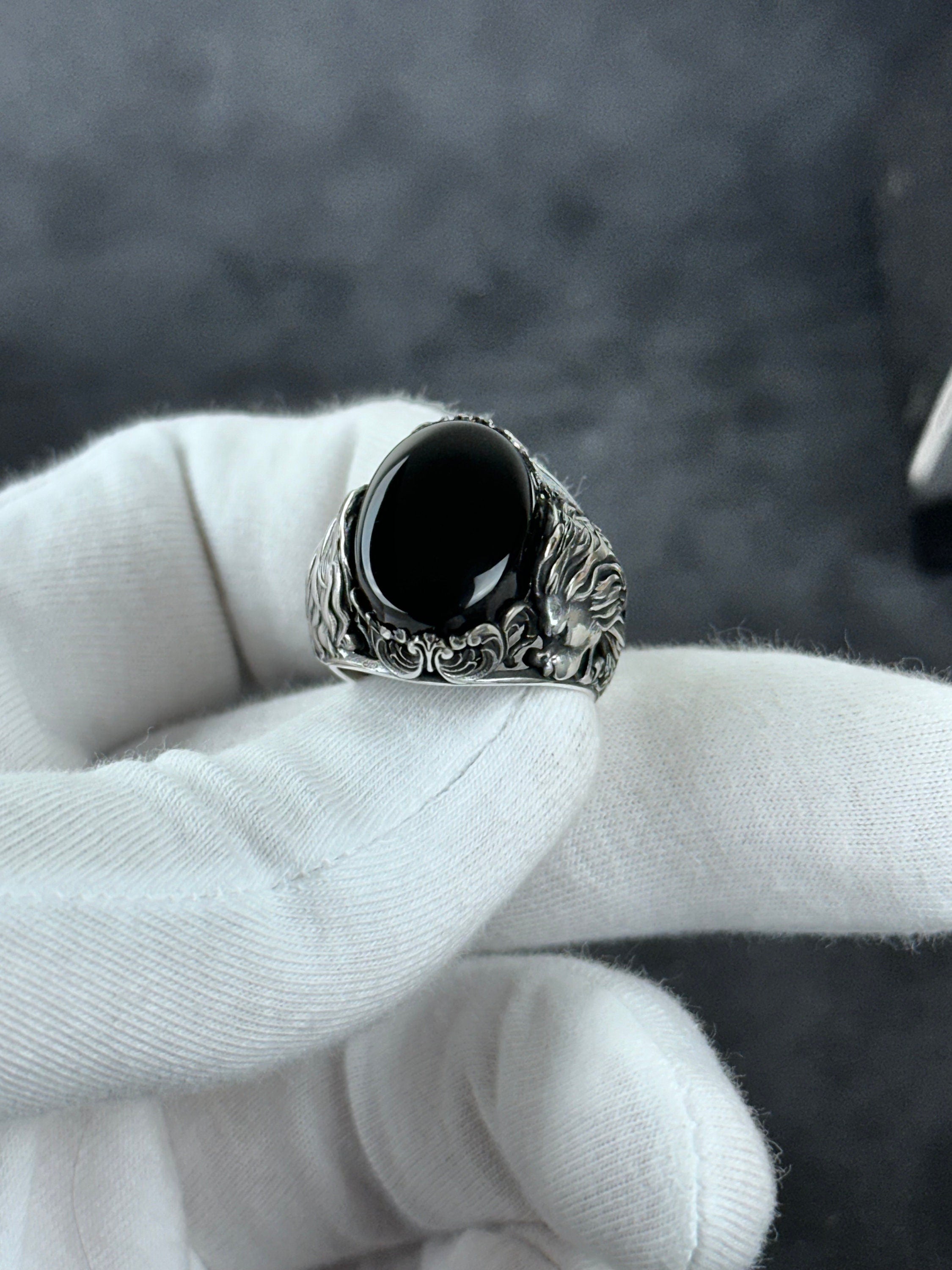 Silver Onyx Lion Ring - Handmade Sterling Statement Jewelry