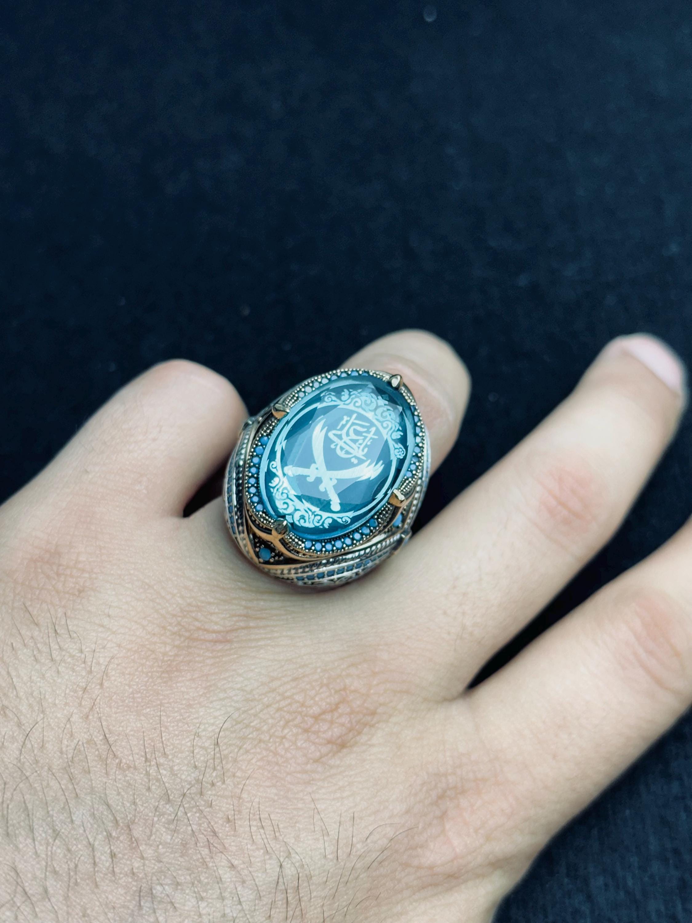 Zulfiqar Sword Ring: Islamic Sterling Silver Jewelry (Blue Zircon)