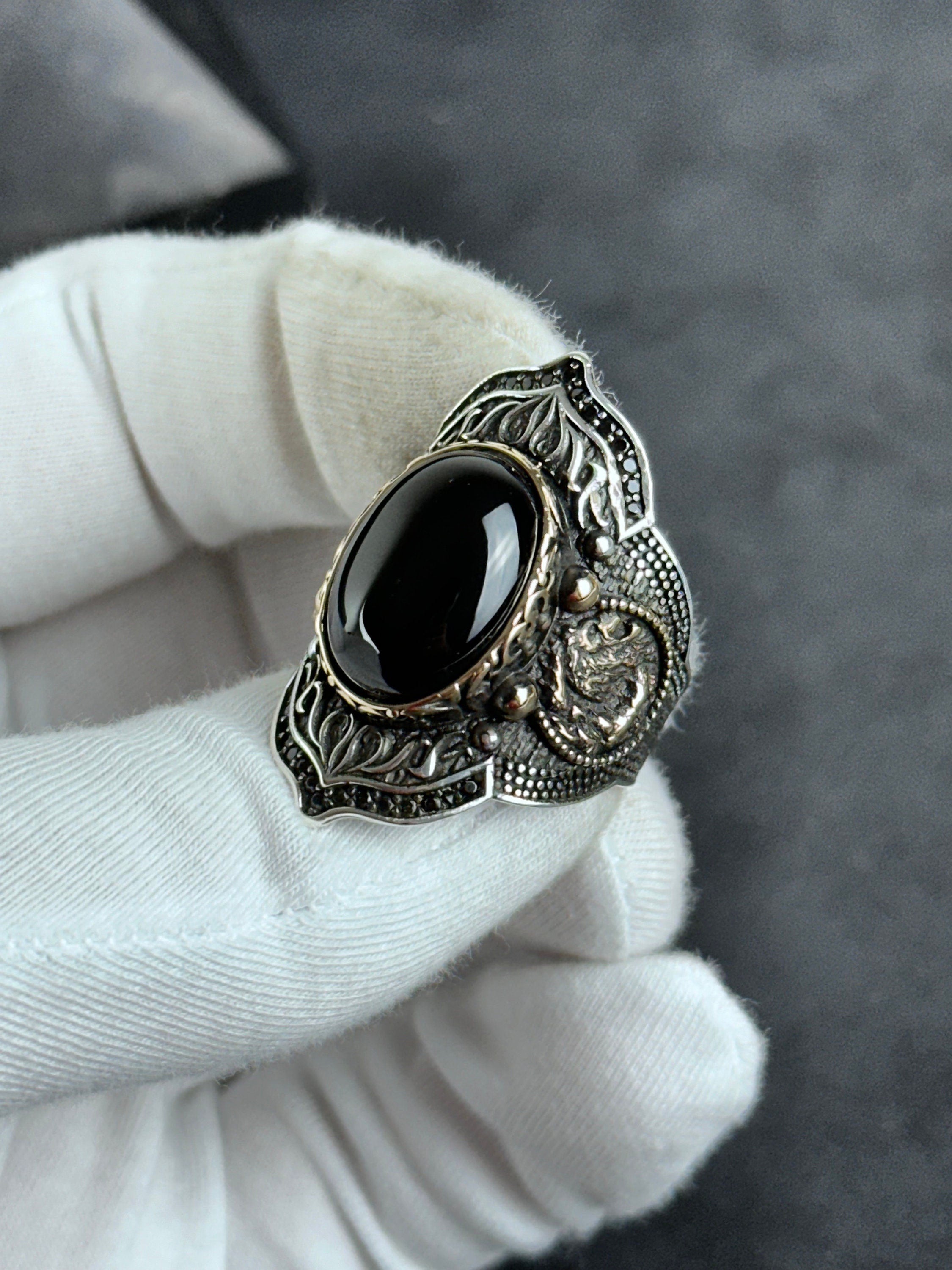 Archer Ring: Sterling Silver with Onyx Stone - Adjustable Statement Piece