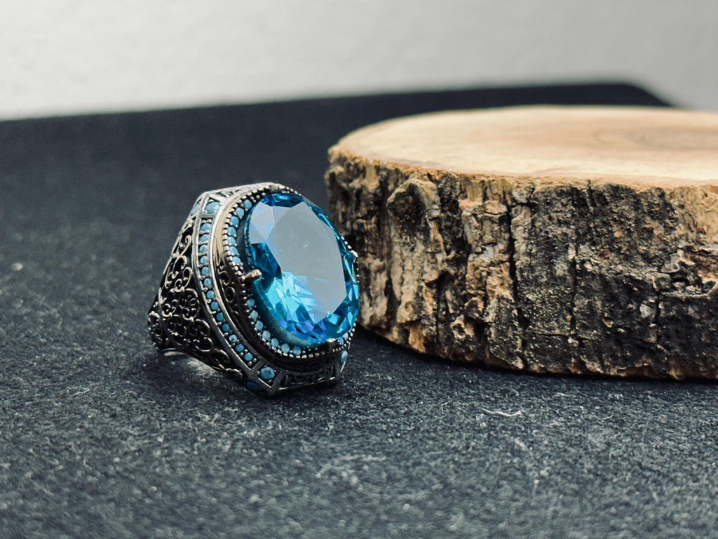 Oval Aquamarine Ring for Men - Bold Vintage Sterling Silver