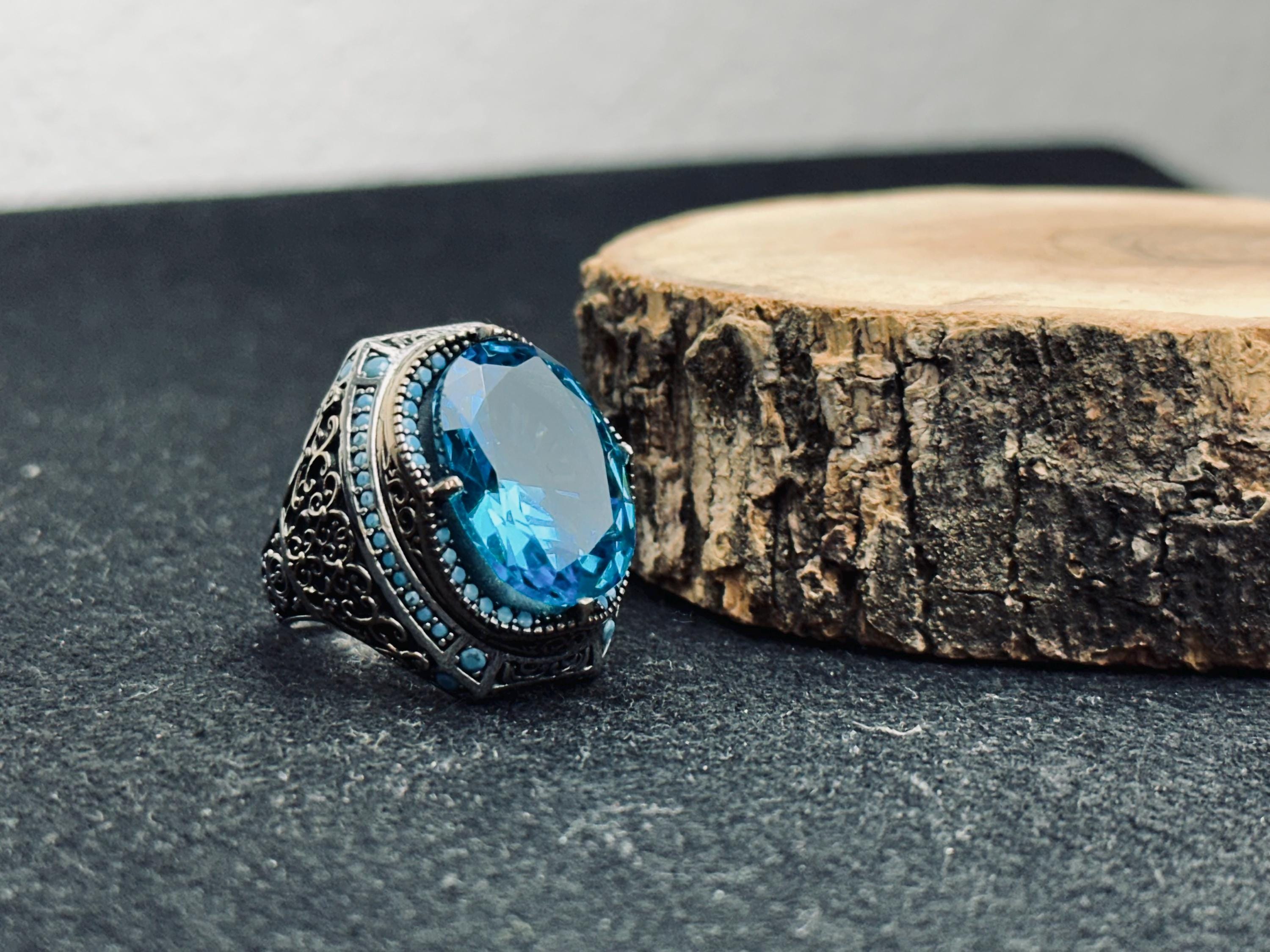 Oval Aquamarine Ring for Men - Bold Vintage Sterling Silver