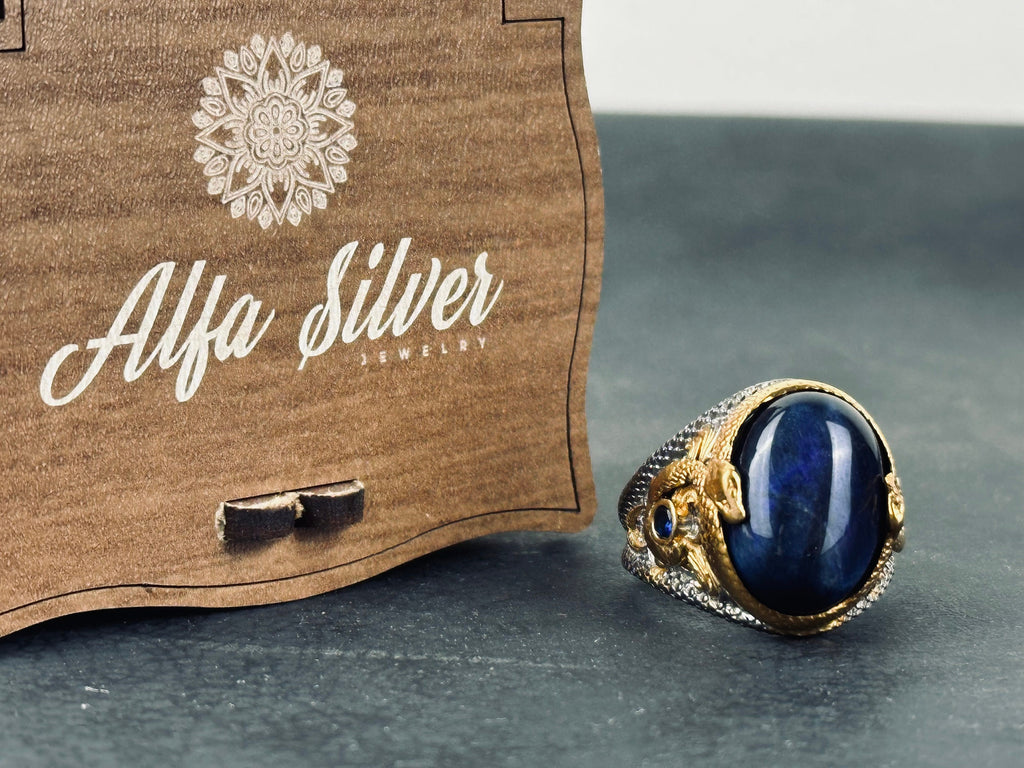 Sapphire Dragon Ring - Sterling Silver Engraved Statement Piece