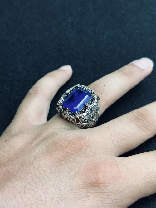 Blue CZ Men's Ring: Handmade Sterling Silver, Turkish Statement