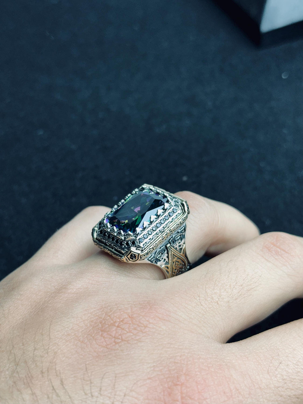 Square Mystic Topaz Ring: Color Changing Silver Statement Jewelry