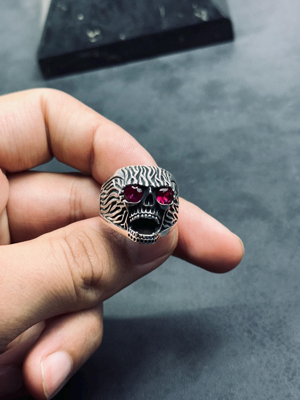 Engraved Skull Biker Ring: Sterling Silver, Handmade Goth Jewelry