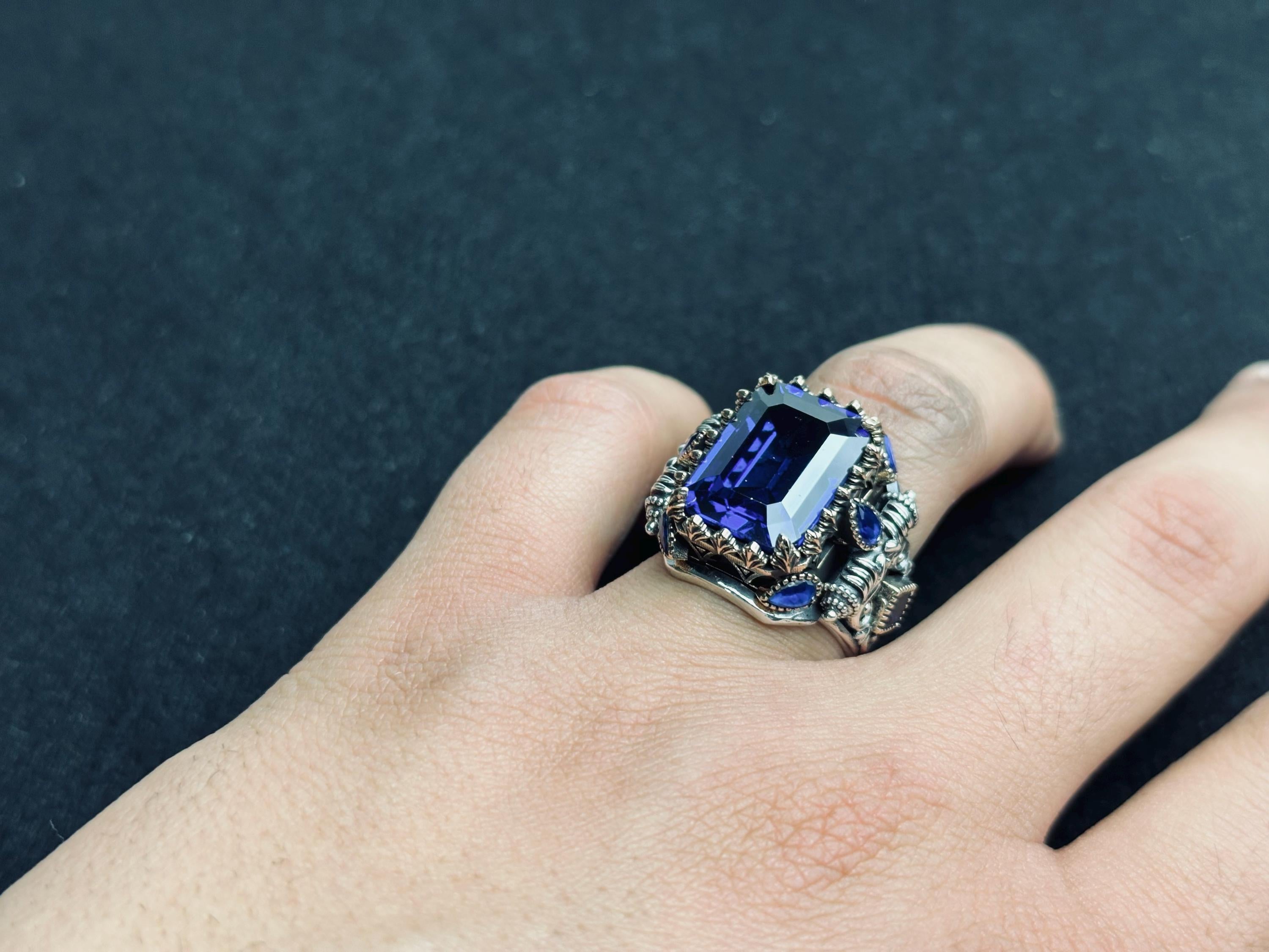 Blue Sapphire Statement Ring: Turkish Handmade Silver (Square Cut)