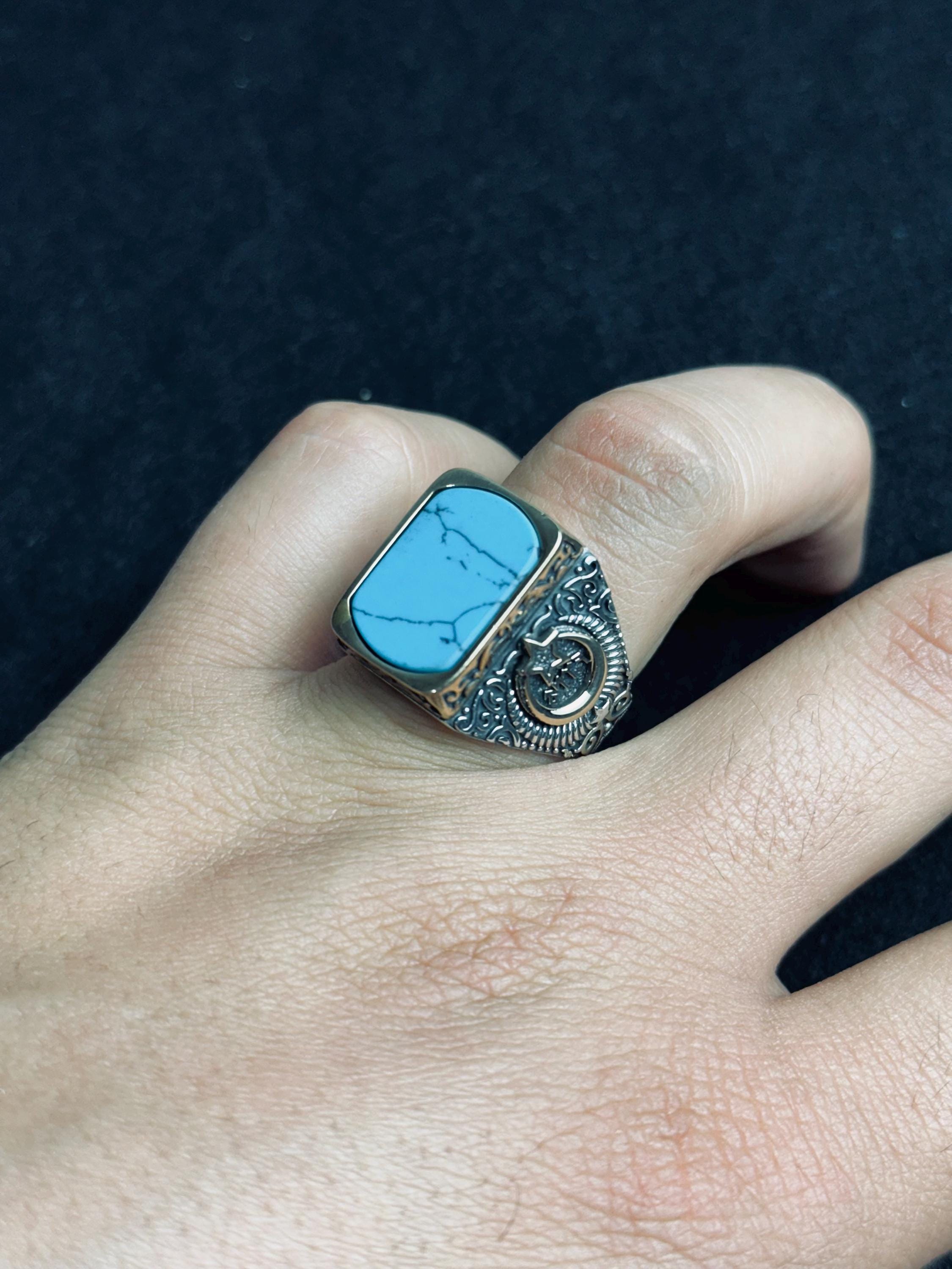 Men's Silver Ring: Mystic Topaz and Crescent Star - Handmade