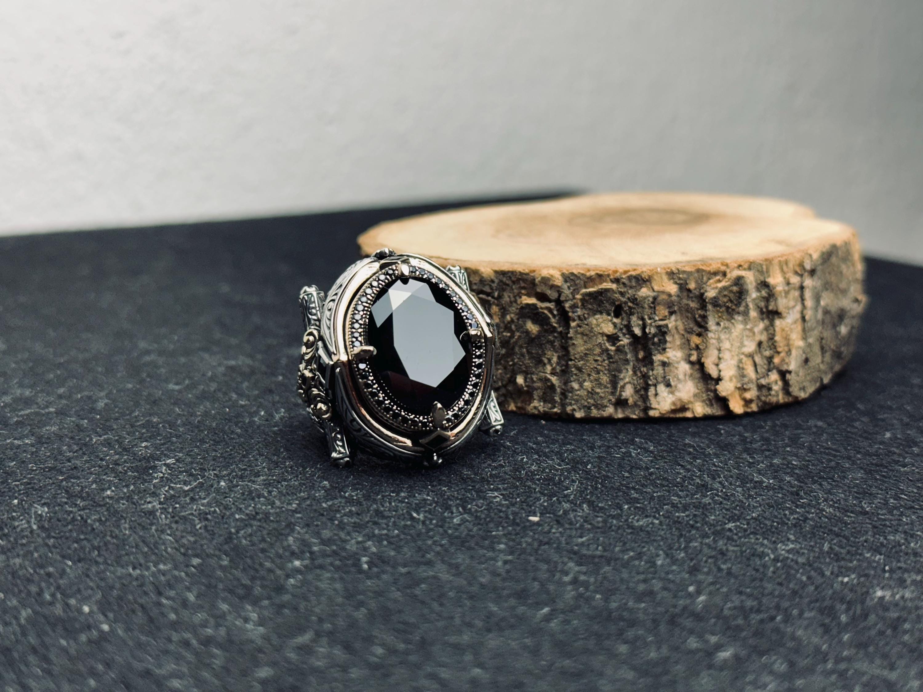 Statement Men’s Ring: Black Zircon Silver (Handmade, Large)