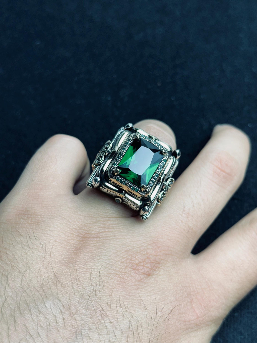 Men’s Emerald Ring: Bold Square Gem - Handmade Sterling Silver