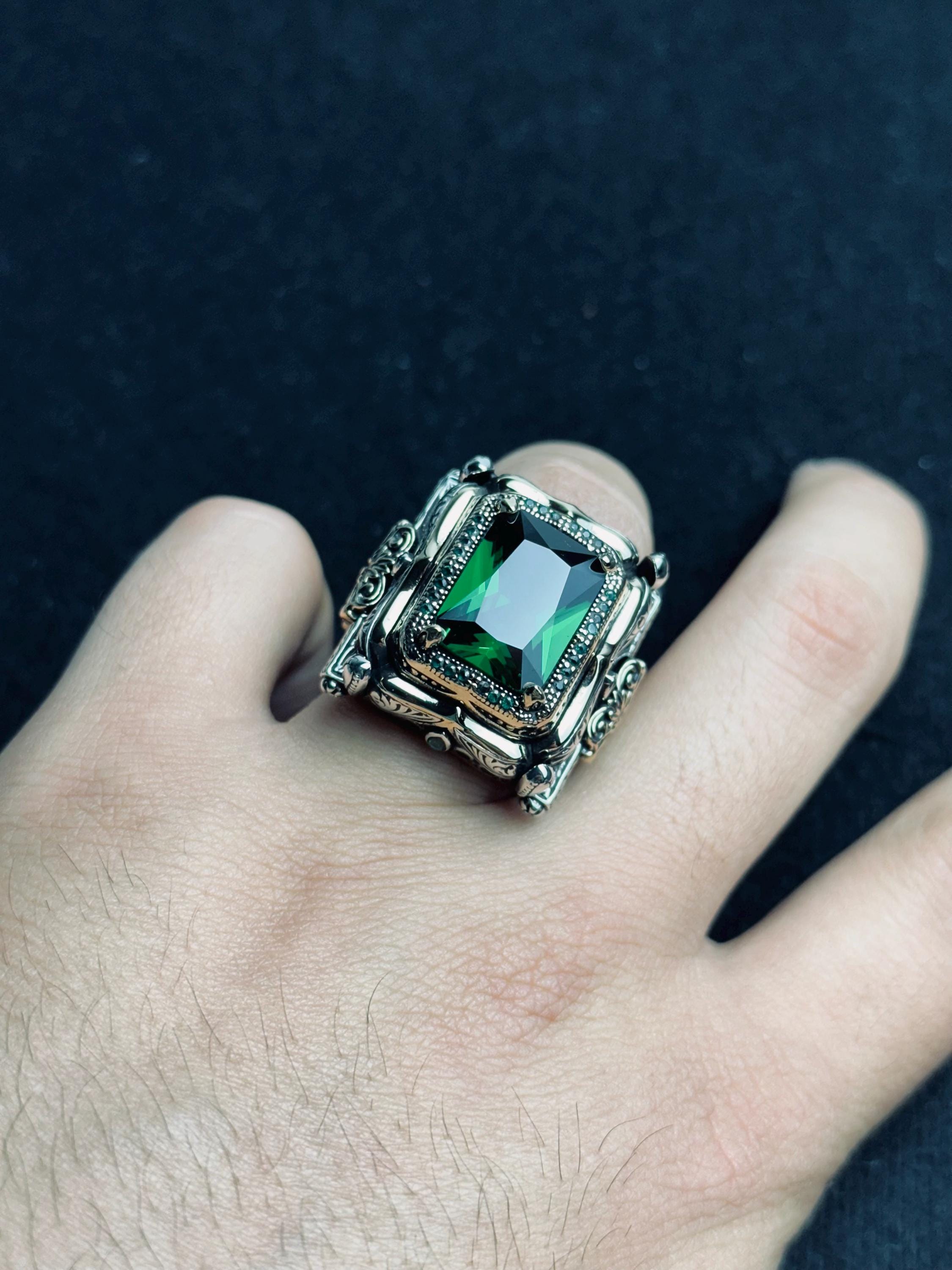 Men’s Emerald Ring: Bold Square Gem - Handmade Sterling Silver