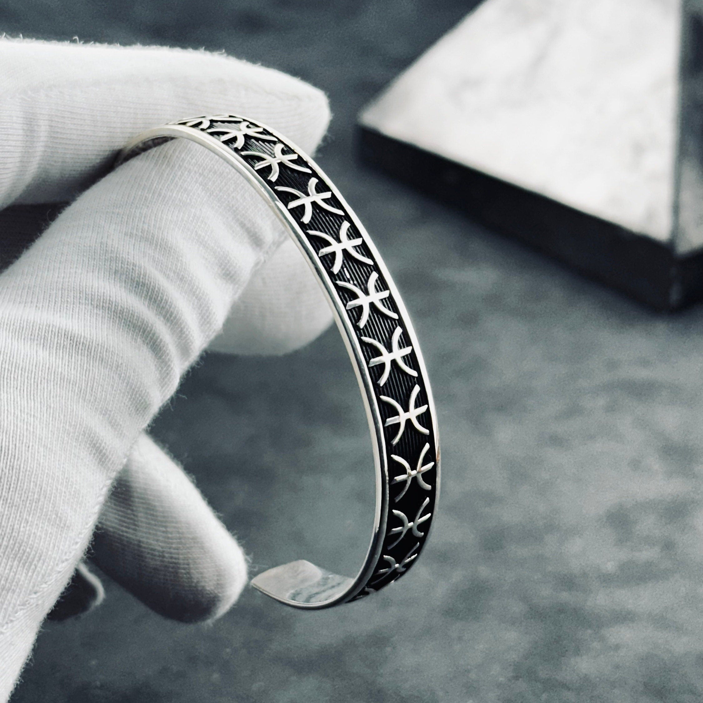 Sterling Silver Cuff Bracelet: Embroidered Pattern - Unisex Adjustable