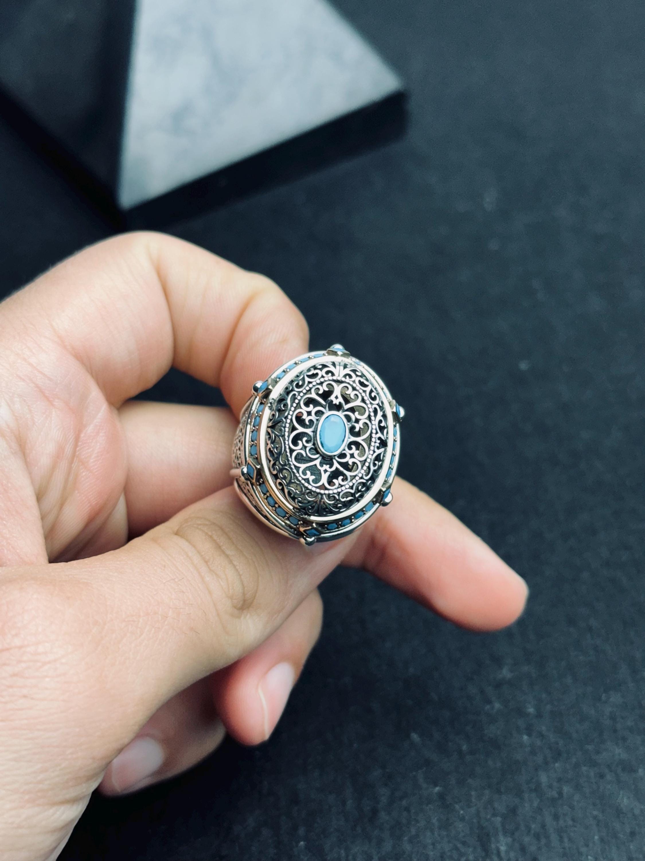 Turquoise Ring: Handmade Turkish Sterling Silver (Oval, Men's Size)