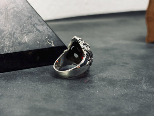 Boho Sterling Silver Lion Ring, Red Cubic Zirconia (Oxidized Finish)