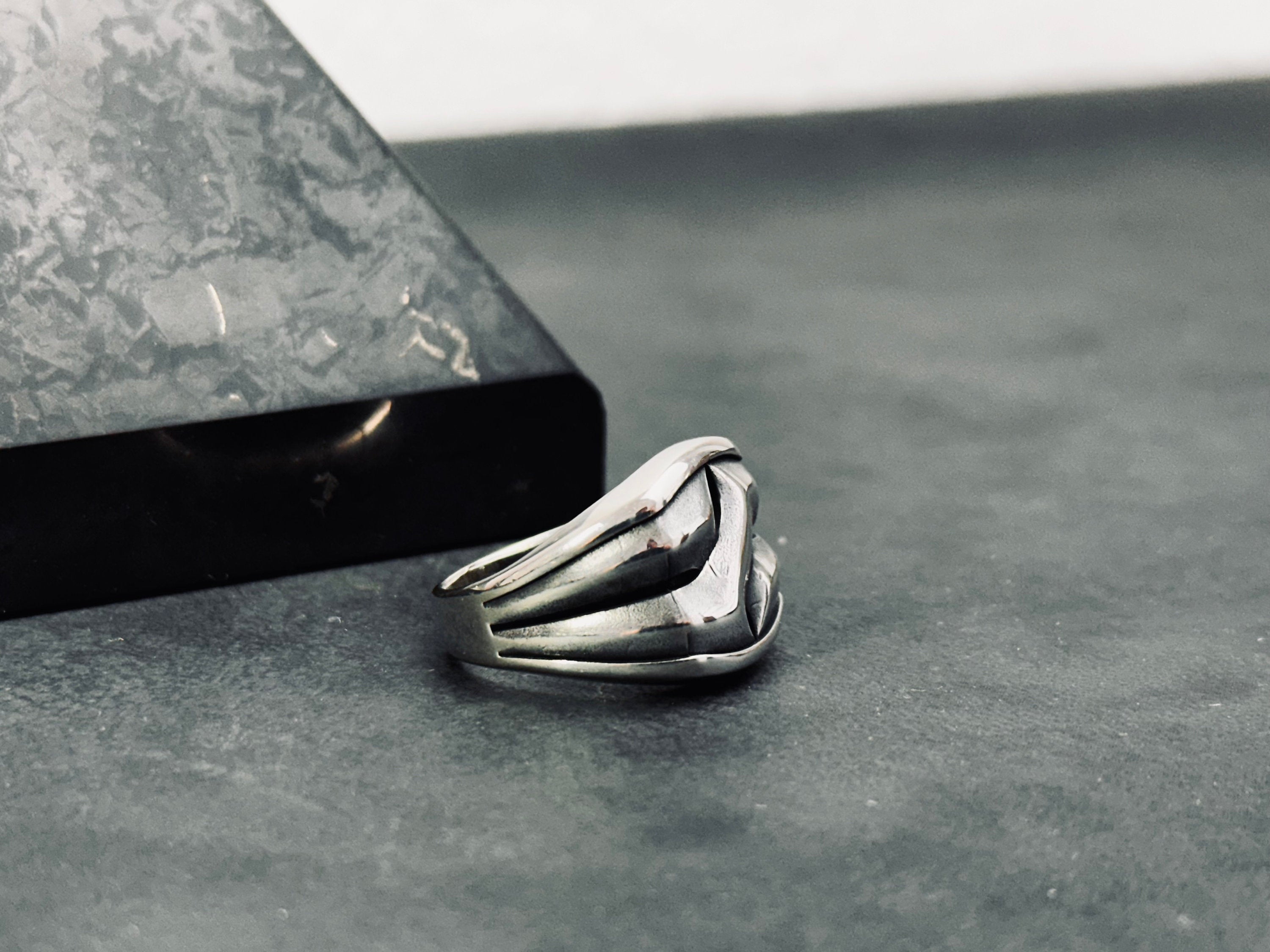 Sterling Silver Ring: Tree Bark Design - Handmade Men's Band