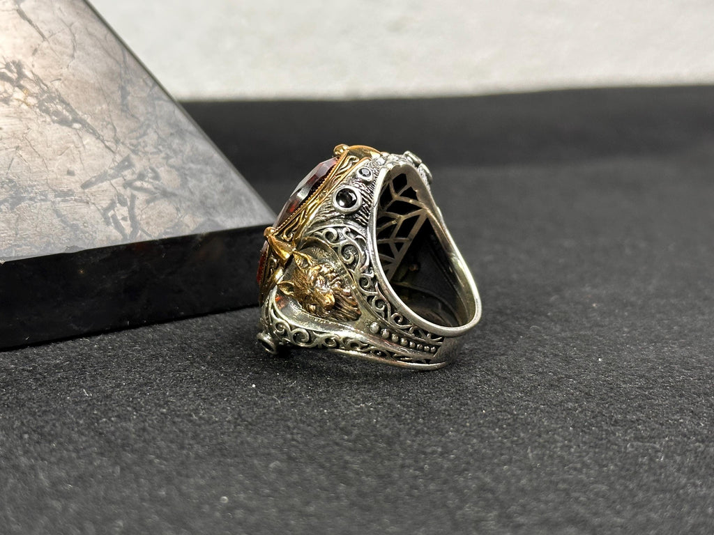 Large Sultanit Ring - Sterling Silver with Wolf Design