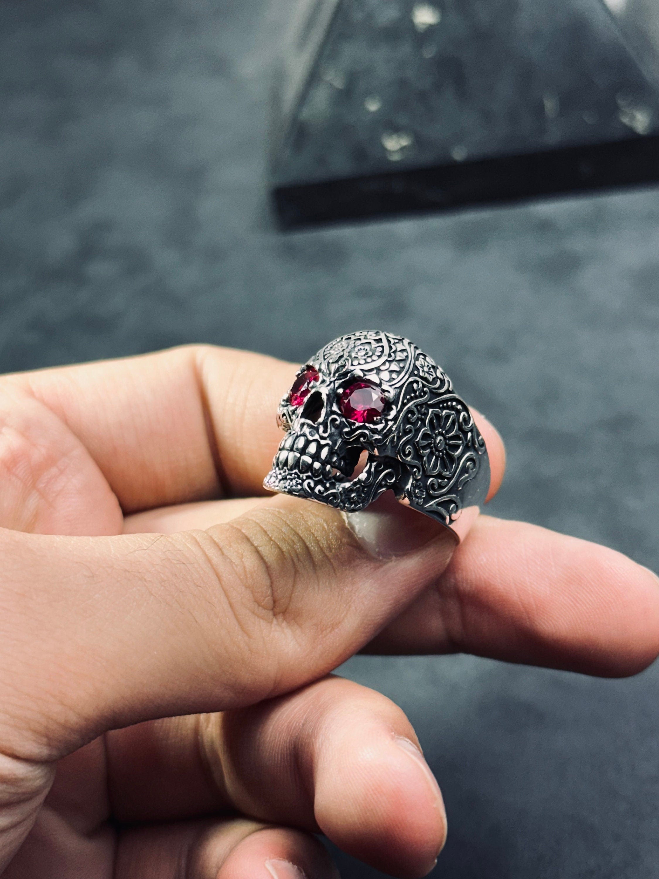 Engraved Skull Sterling Silver Ring - Biker Style with Cubic Zircon