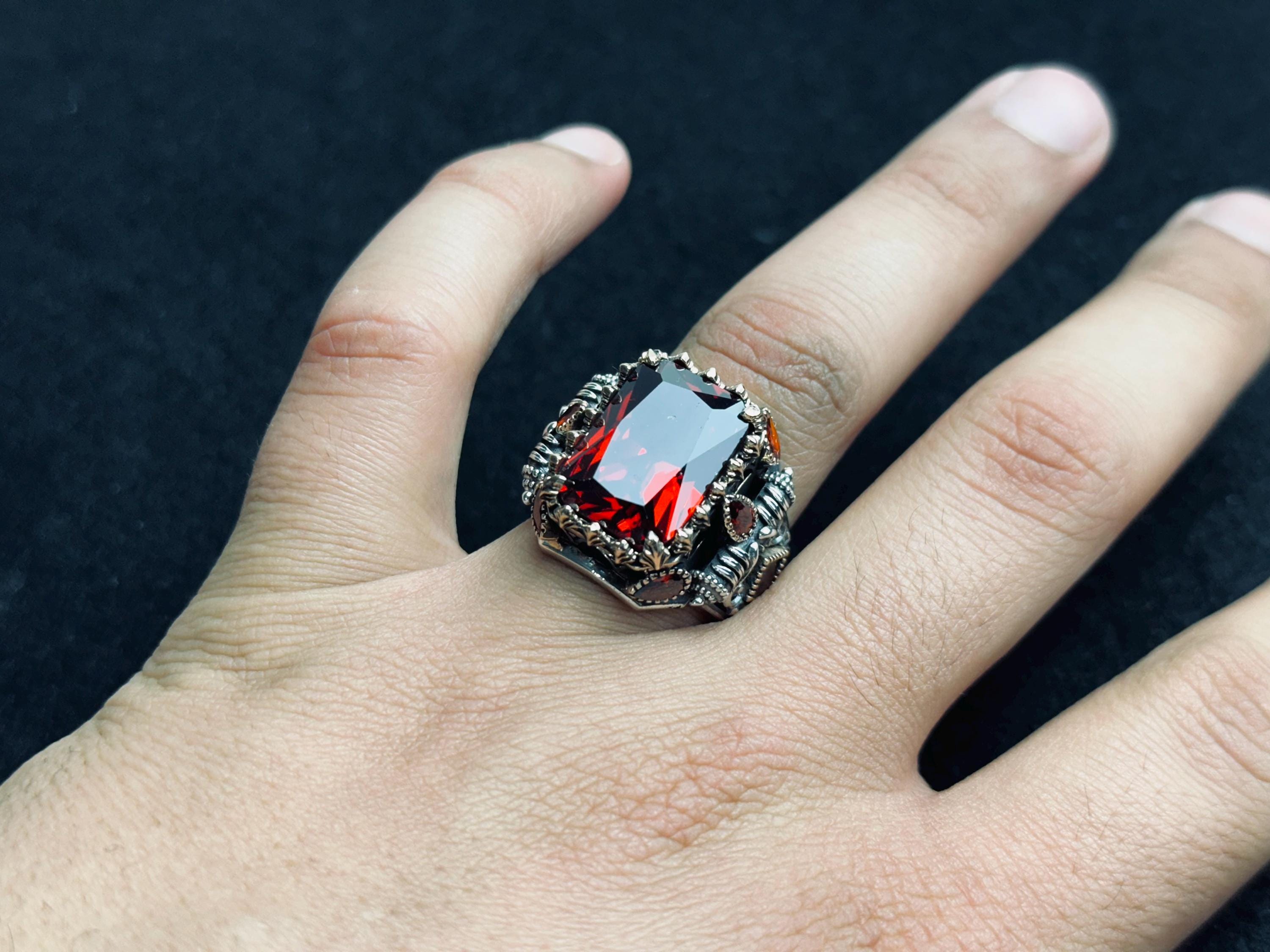 Men's Ruby Signet Ring: Turkish Handmade Sterling Silver