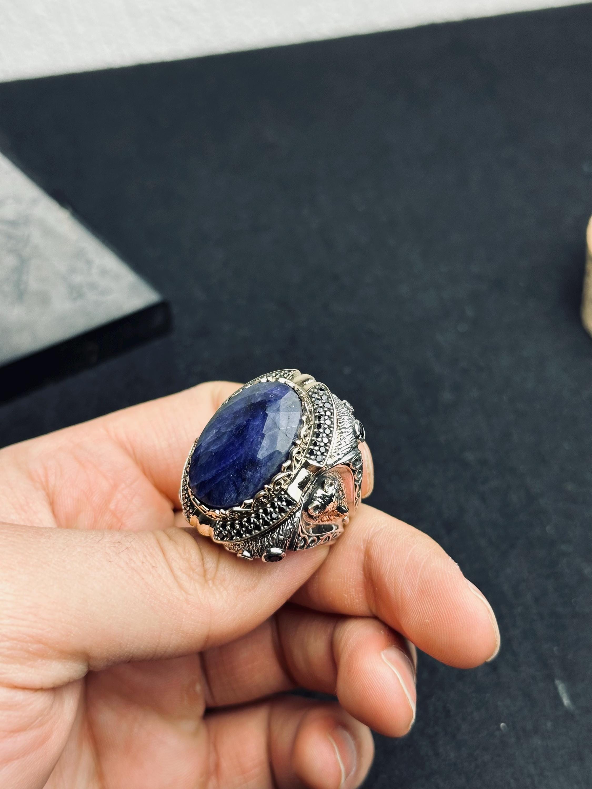 Men's Sterling Silver Ring: Oval Lapis Lazuli - Lion Design