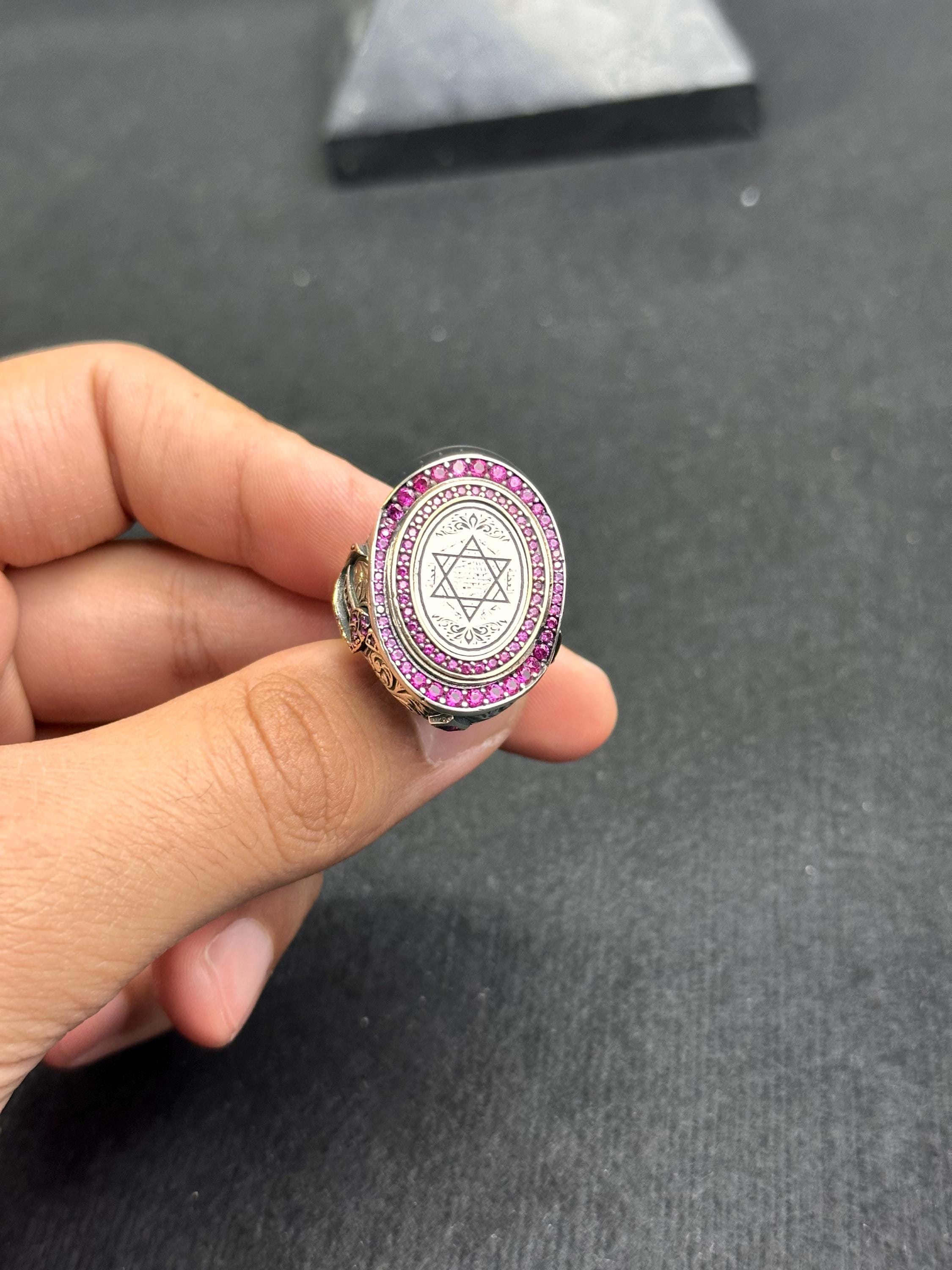 Seal of Solomon Ring: Arabic Calligraphy - Sterling Silver, Pink CZ