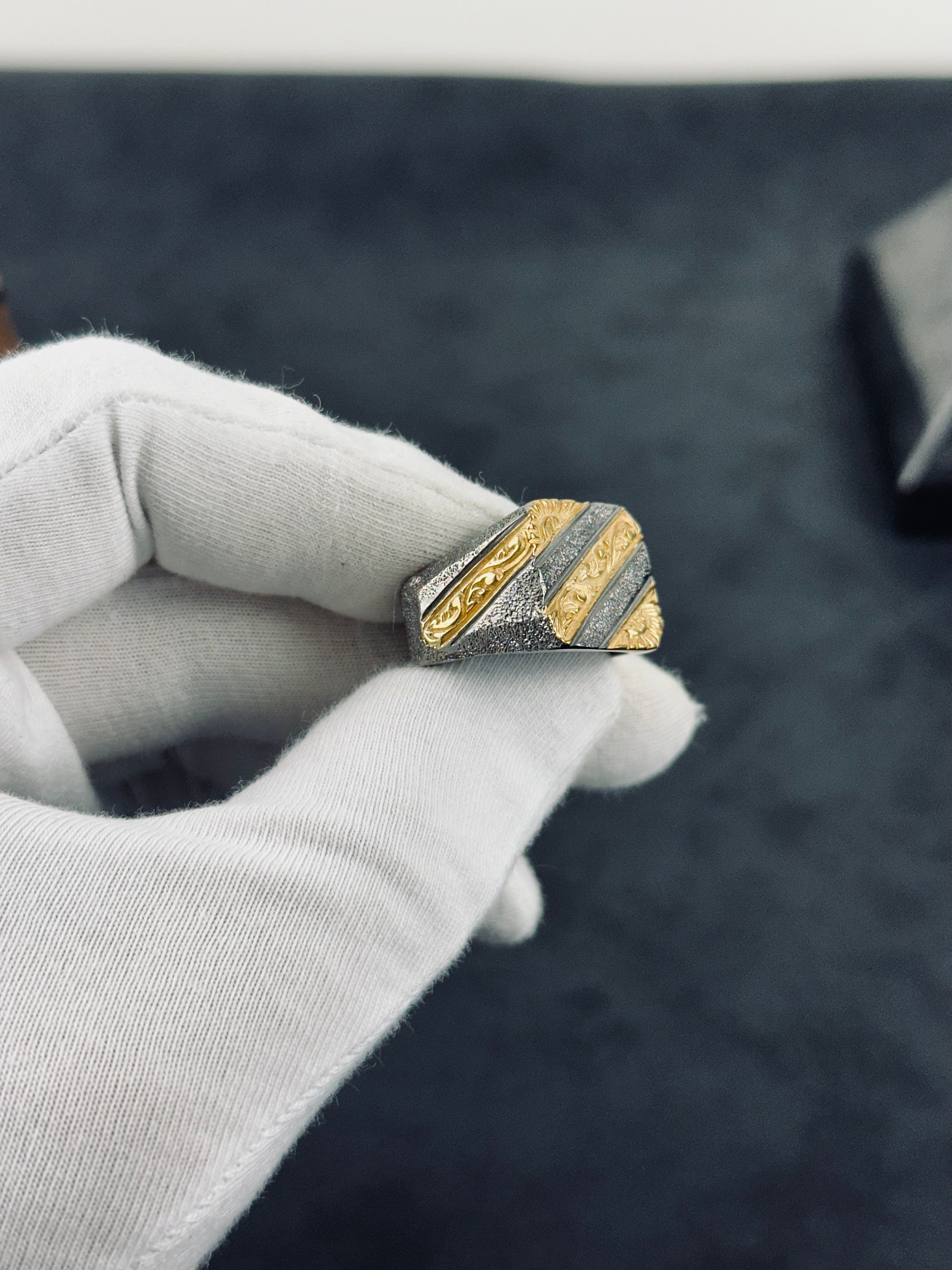 Statement Sterling Silver Ring: Rhodium Engraved Design (Men's Sizes)