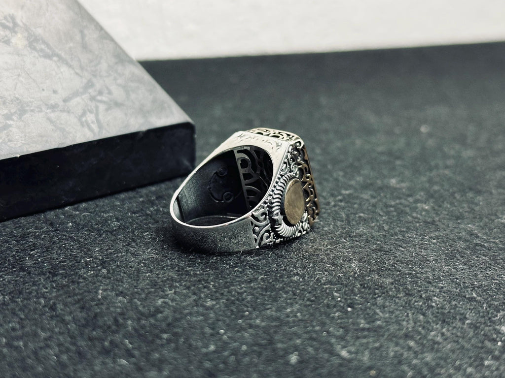 Men’s Emerald Ring: Square Stone, Crescent Star - Sterling Silver