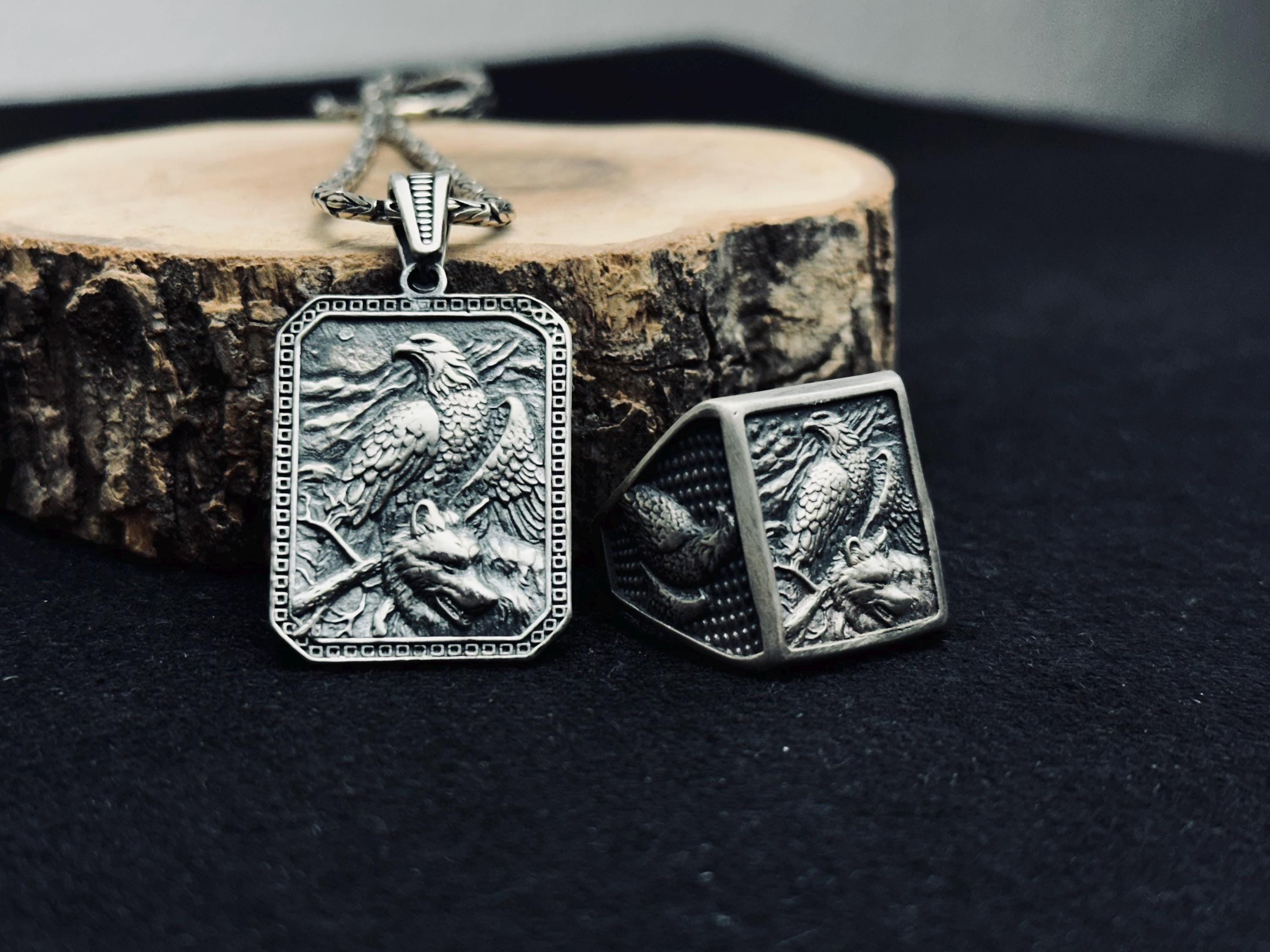 Sterling Silver Eagle Jewelry Set: Handmade Necklace and Ring