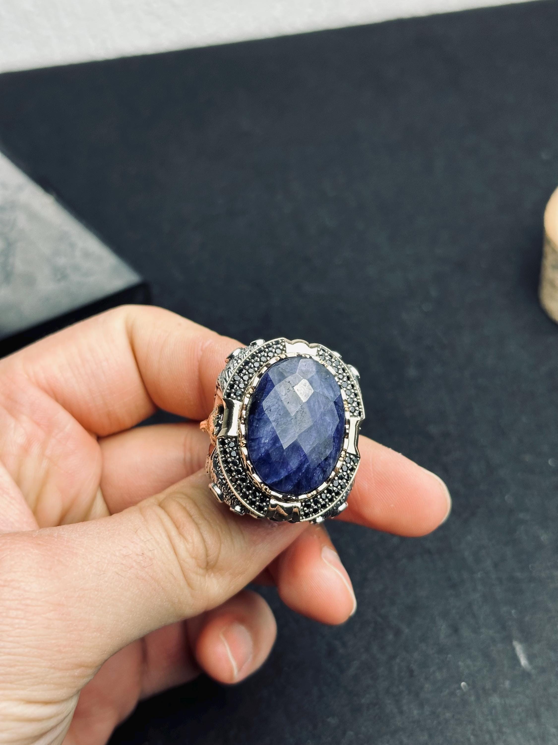 Men's Sterling Silver Ring: Oval Lapis Lazuli - Lion Design