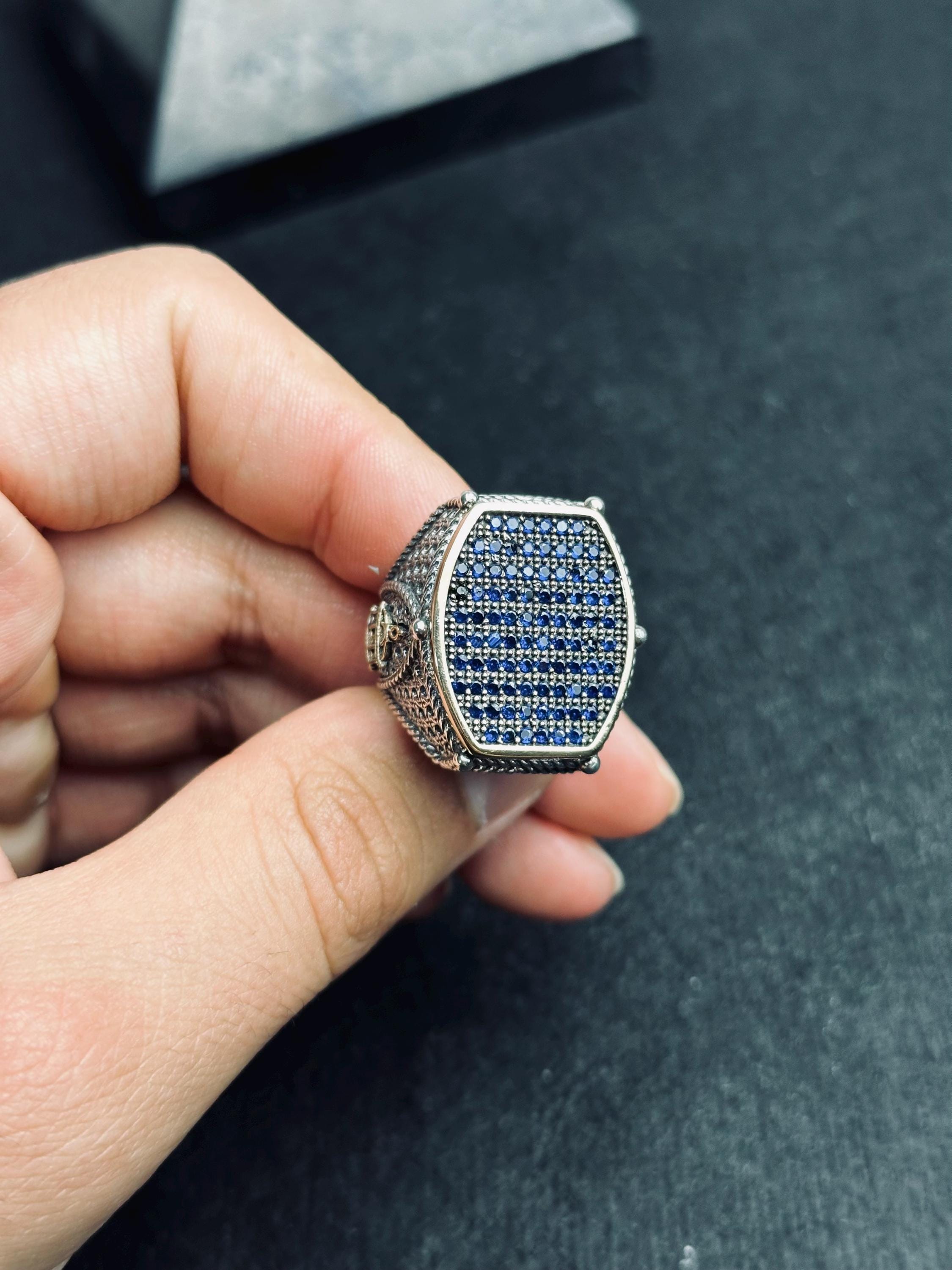 Geometric Men's Silver Ring - Blue Zircon Inset, Handmade