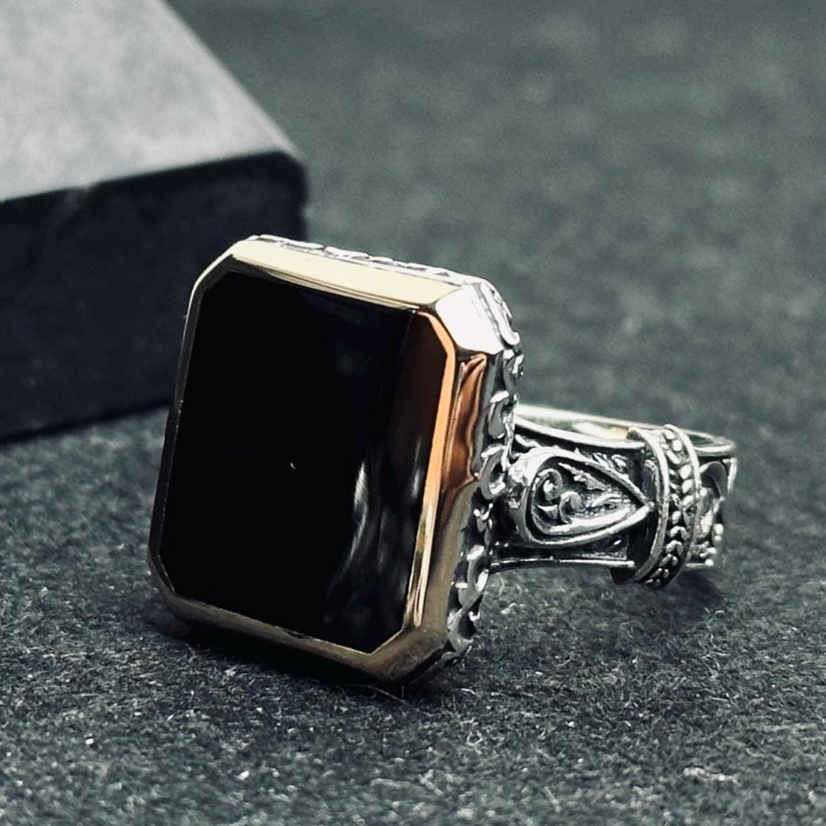 Handmade Silver Ring: Square Onyx Stone Statement (Unisex Size)