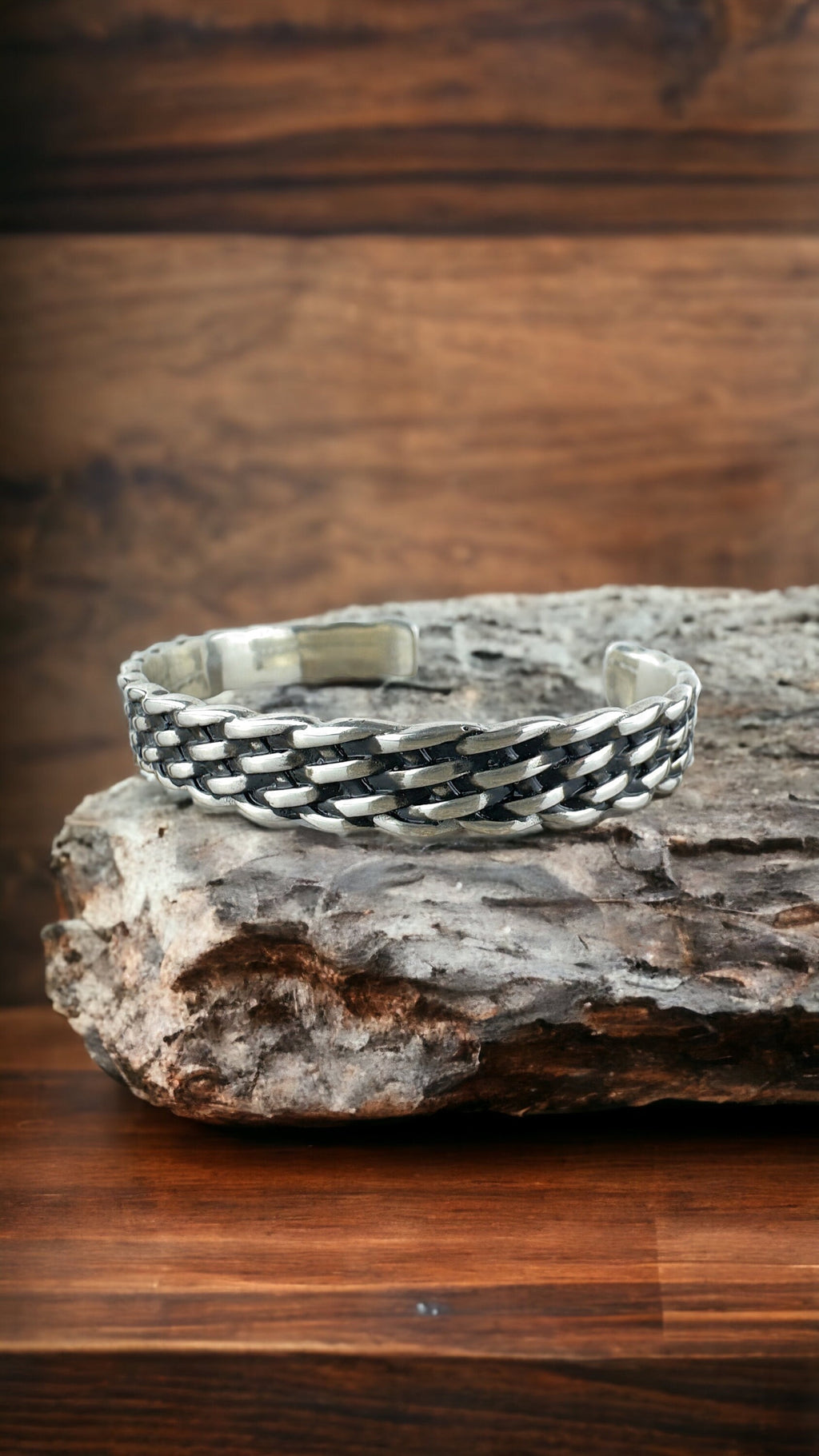 Silver Woven Cuff Bracelet - Adjustable Engraved Band