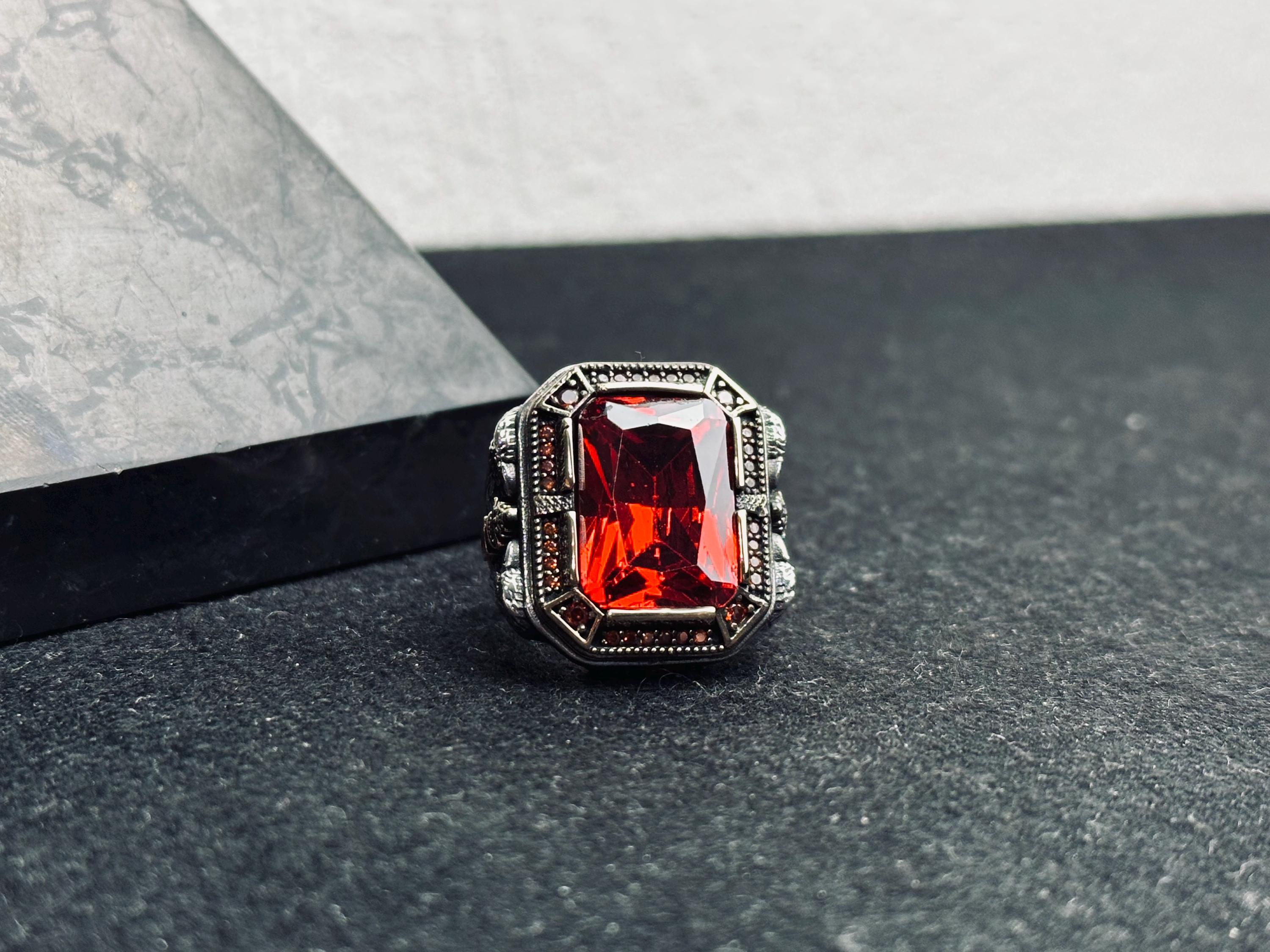 Ruby Men's Ring, Sterling Silver Bold Statement (Handmade, Size Options)