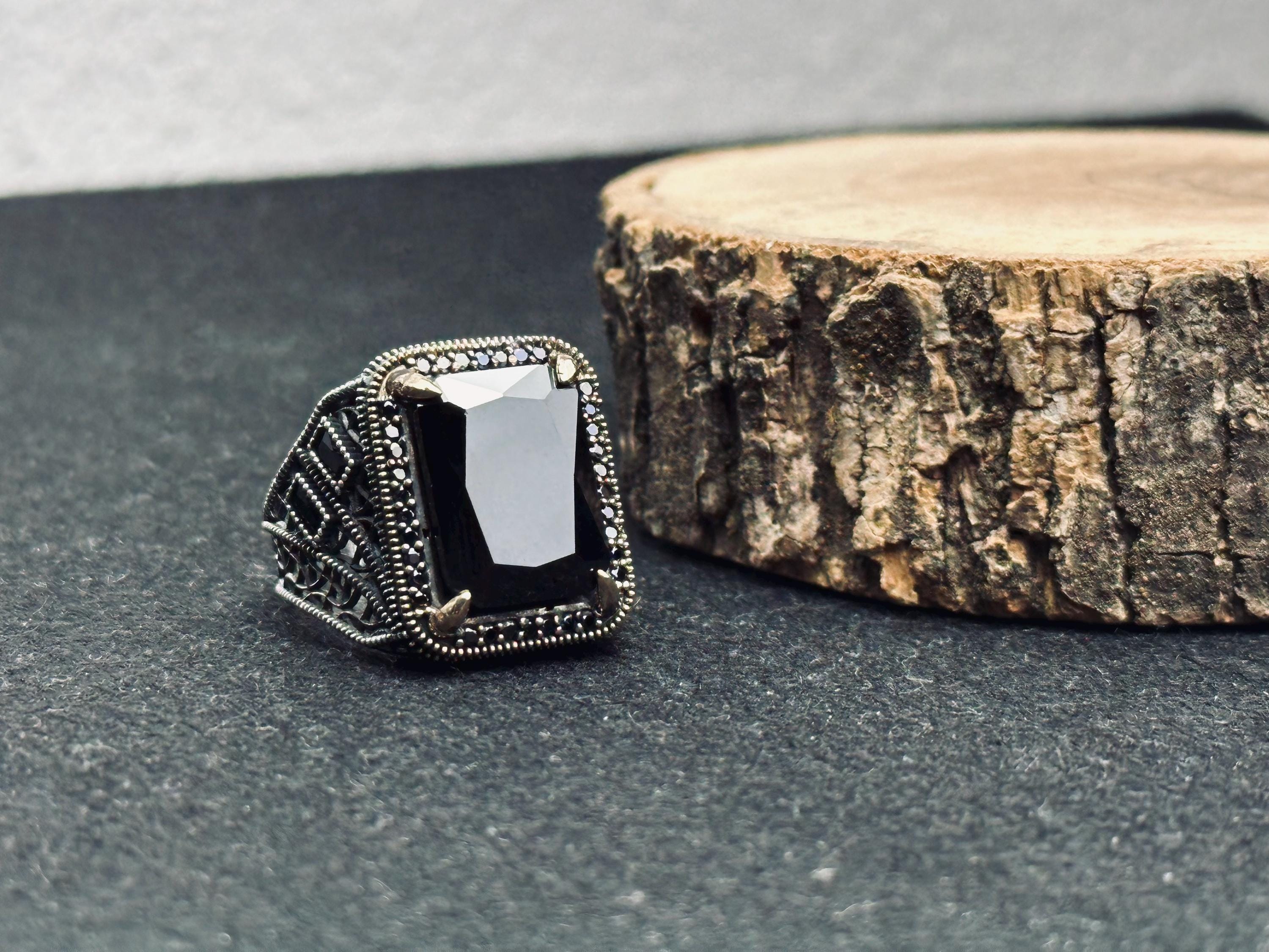 Black Zircon Men's Ring - Sterling Silver Ottoman Style
