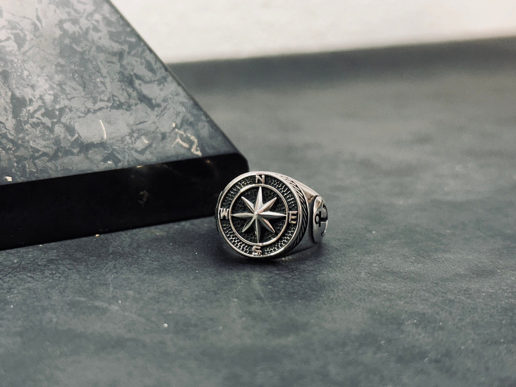 Sterling Silver Compass Ring: Handmade North Star Band