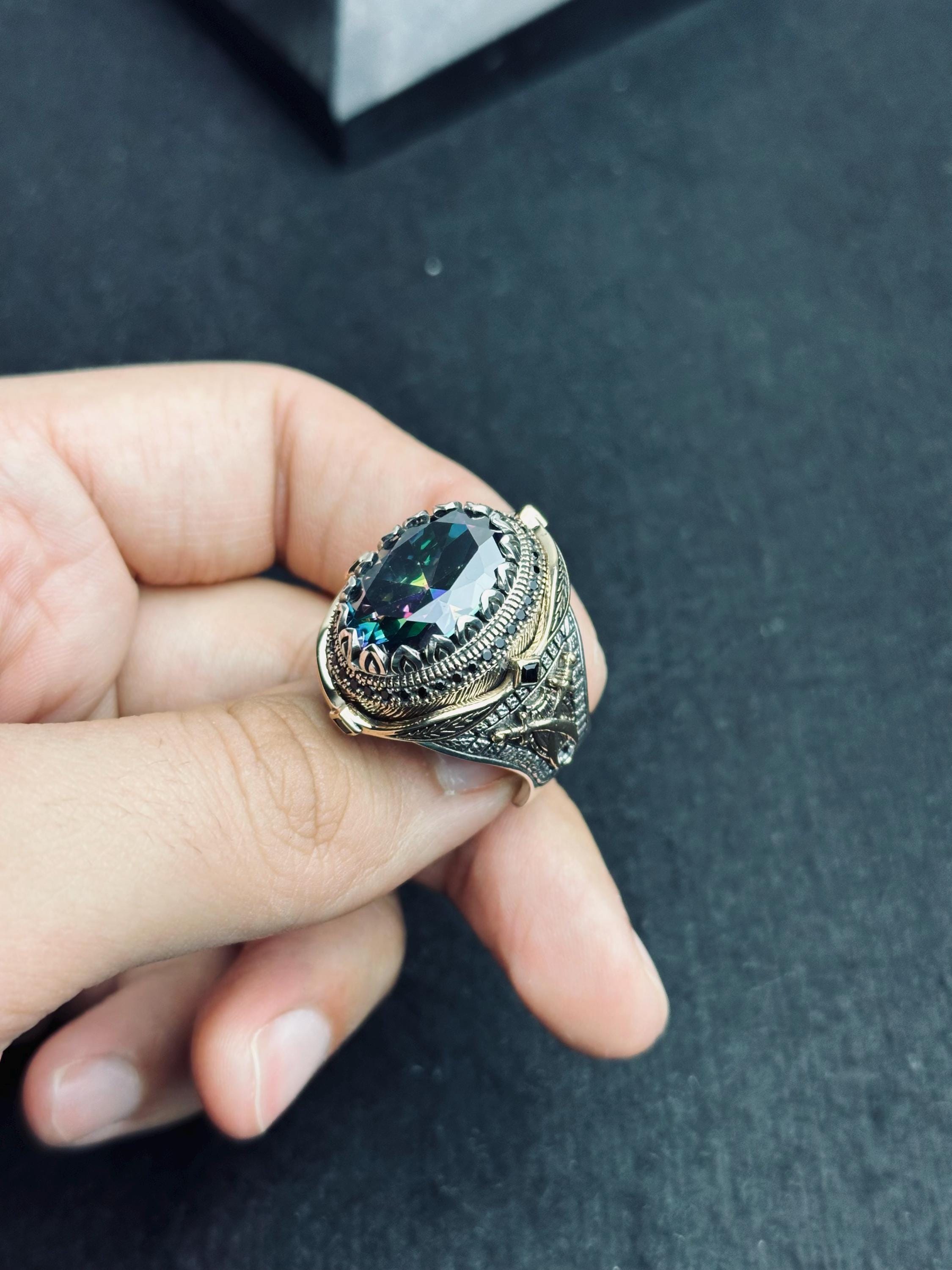 Mystic Topaz Ring: Oval Sterling Silver, Boho Men's Jewelry