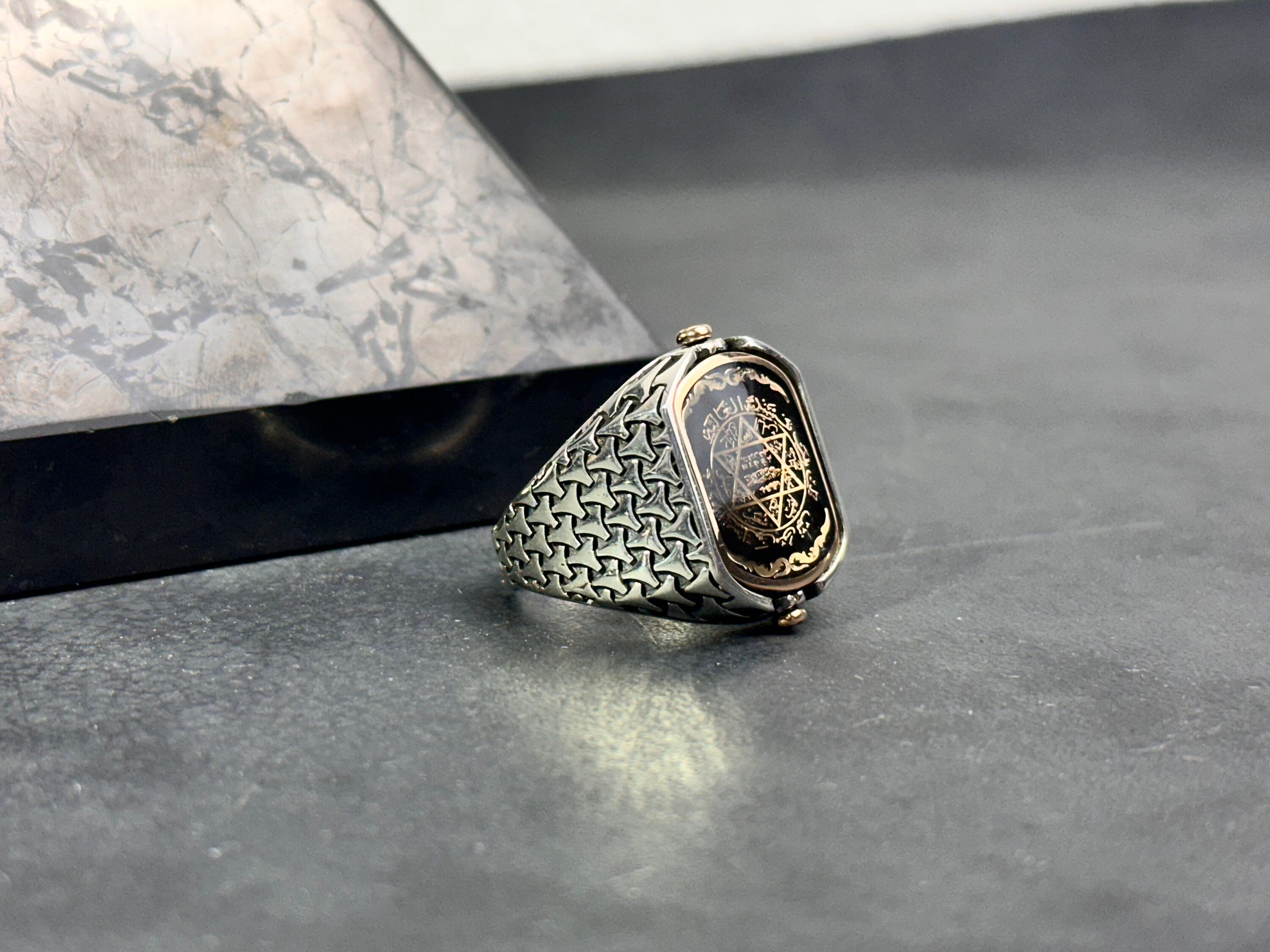 Double Sided Solomon Signet Ring: Red Agate, Sterling Silver