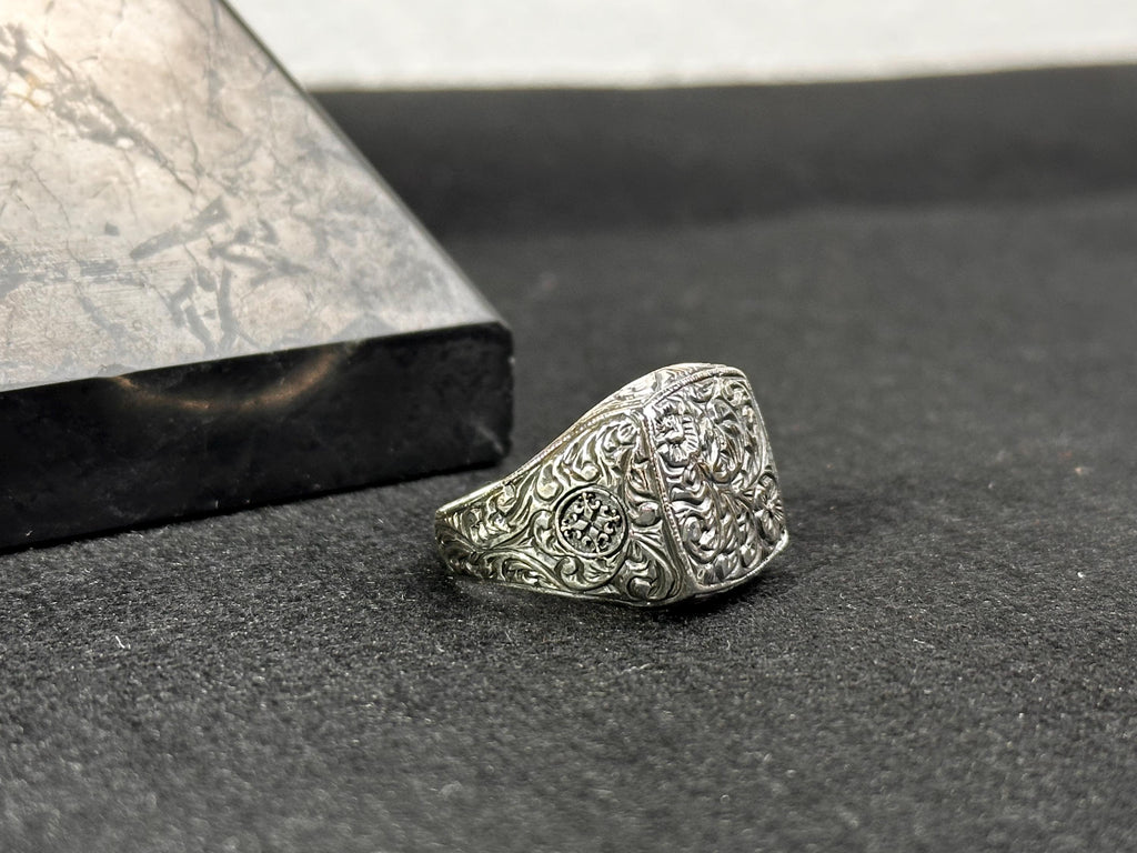 Men's Silver Ring: Engraved Tree Bark Style - Handmade 925 Sterling