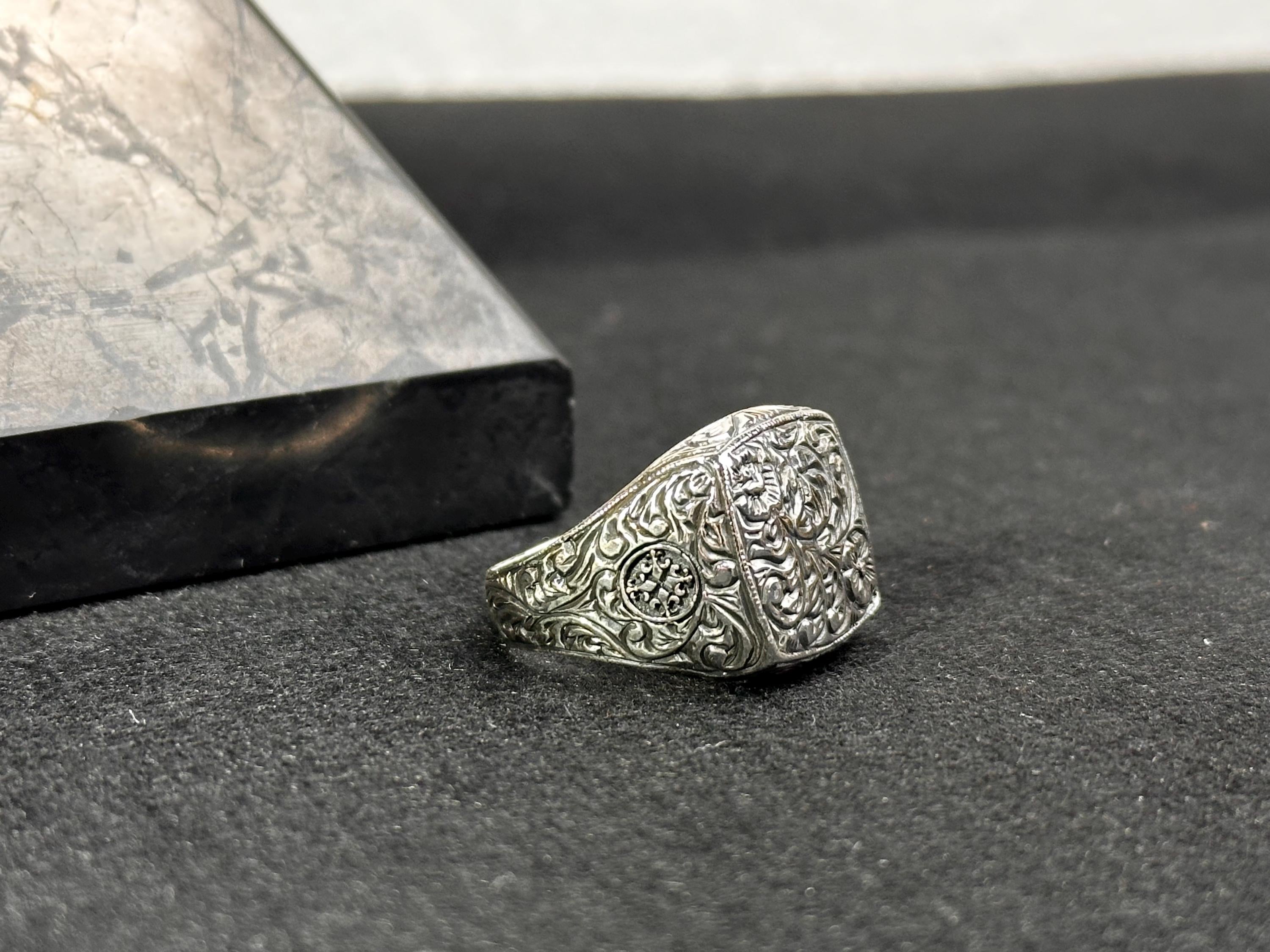 Men's Silver Ring: Engraved Tree Bark Style - Handmade 925 Sterling