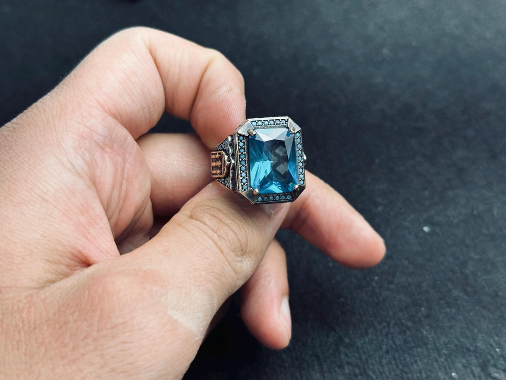 Aquamarine Ring: Men's Sterling Silver Square Cut (Handmade Turkish)