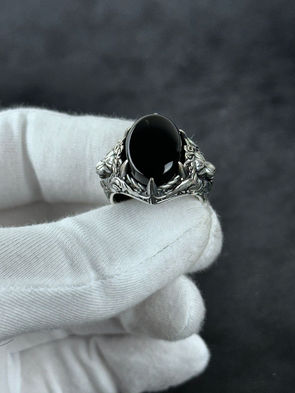 Men's Sterling Silver Onyx Ring, Lion Detail (Handcrafted)