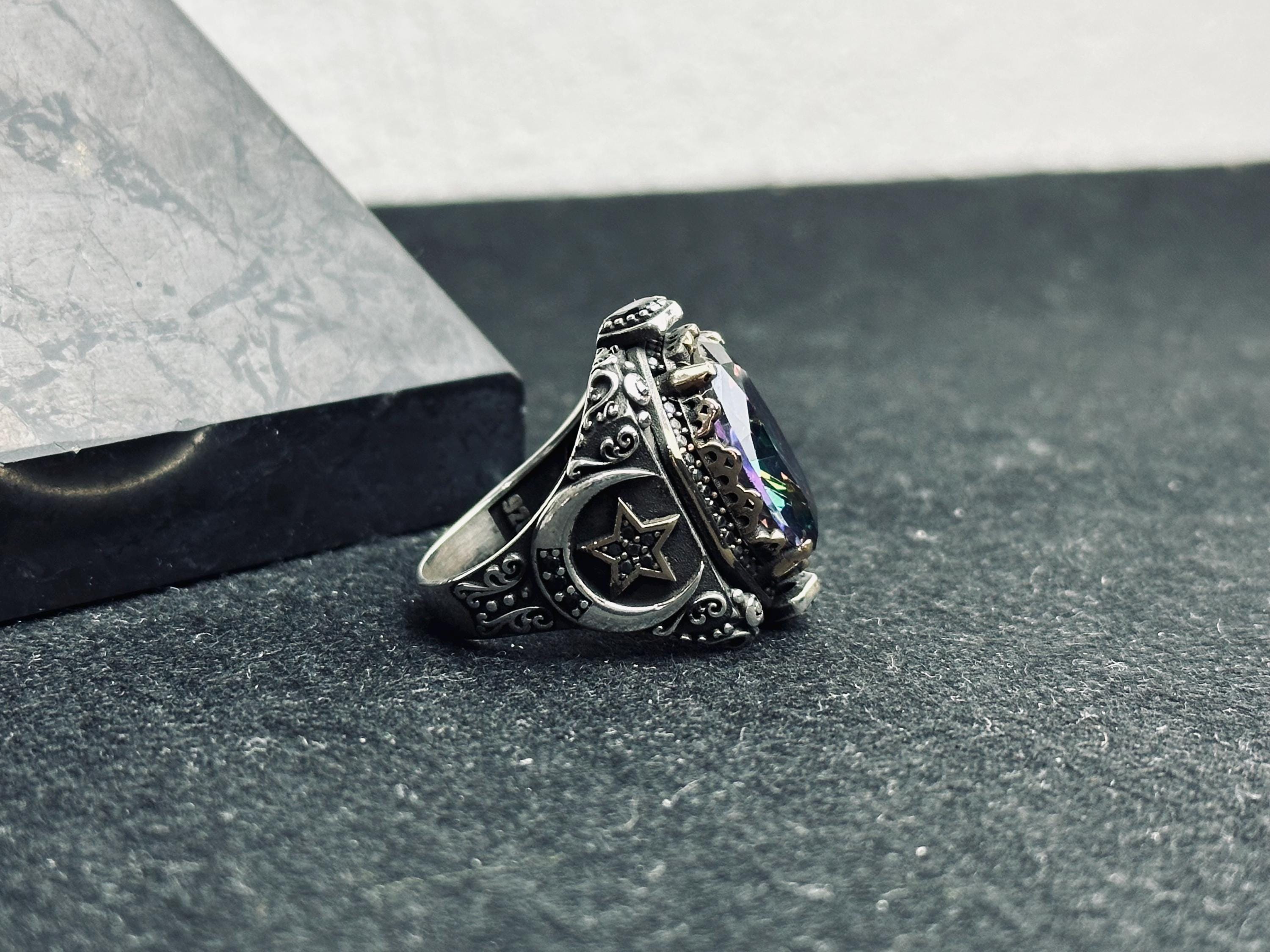 Mystic Topaz Ring: Men's Turkish Sterling Silver (Ottoman Design)