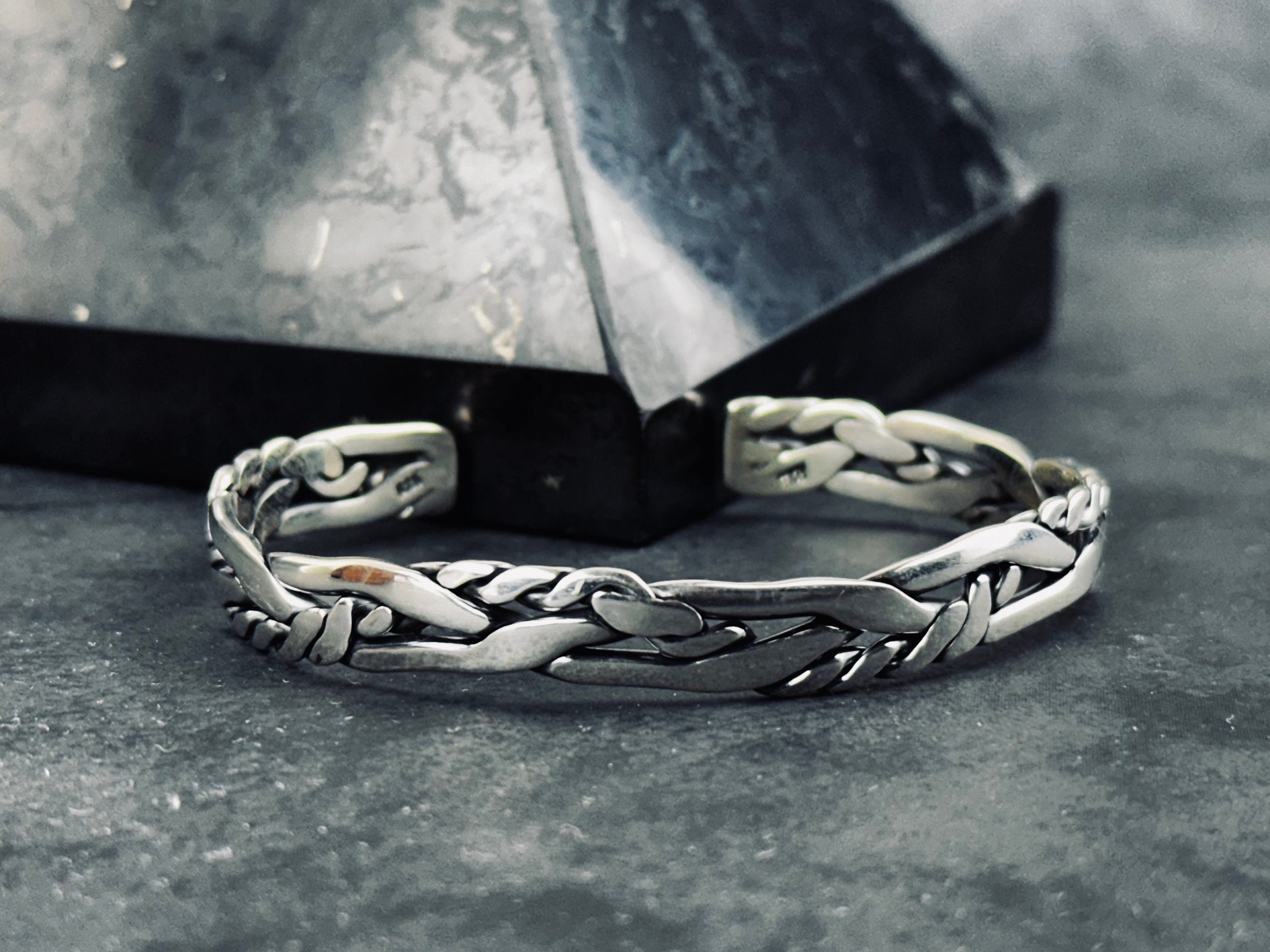 Sterling Silver Cuff Bracelet: Knitted Design (Men's Handmade Jewelry)