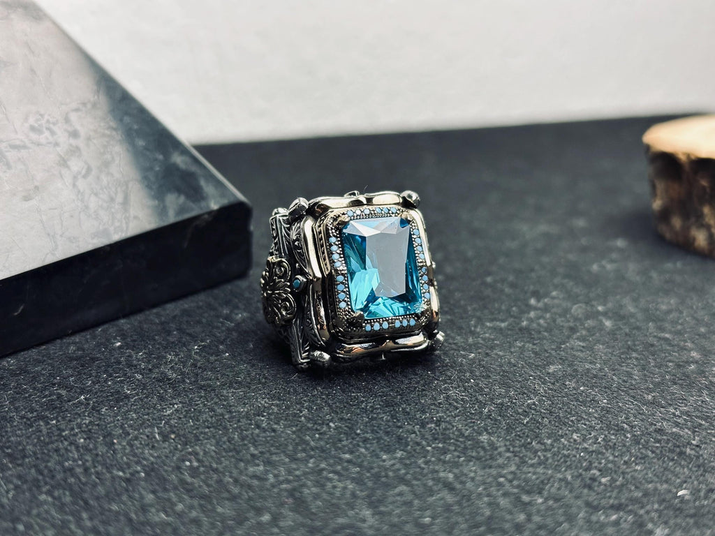 Men's Statement Ring: Large Aquamarine Square Gem - Sterling Silver